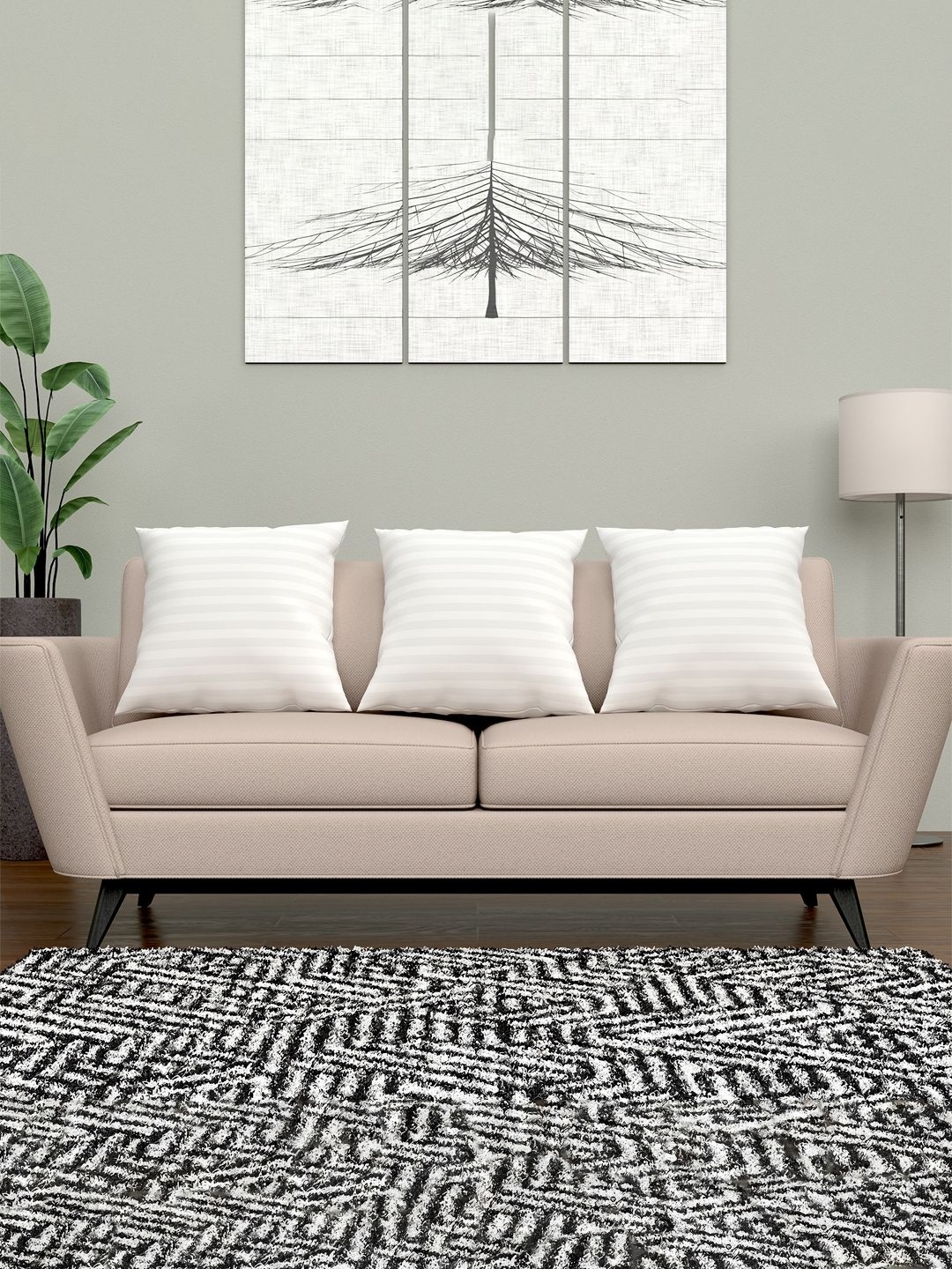 

Kuber Industries White 3 Pieces Striped Reversible Filled Cushion