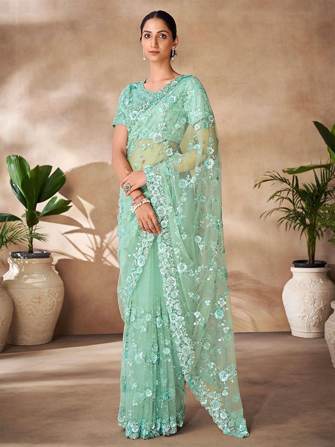 

ODETTE Embellished Embroidered Sequinned Net Saree, Green