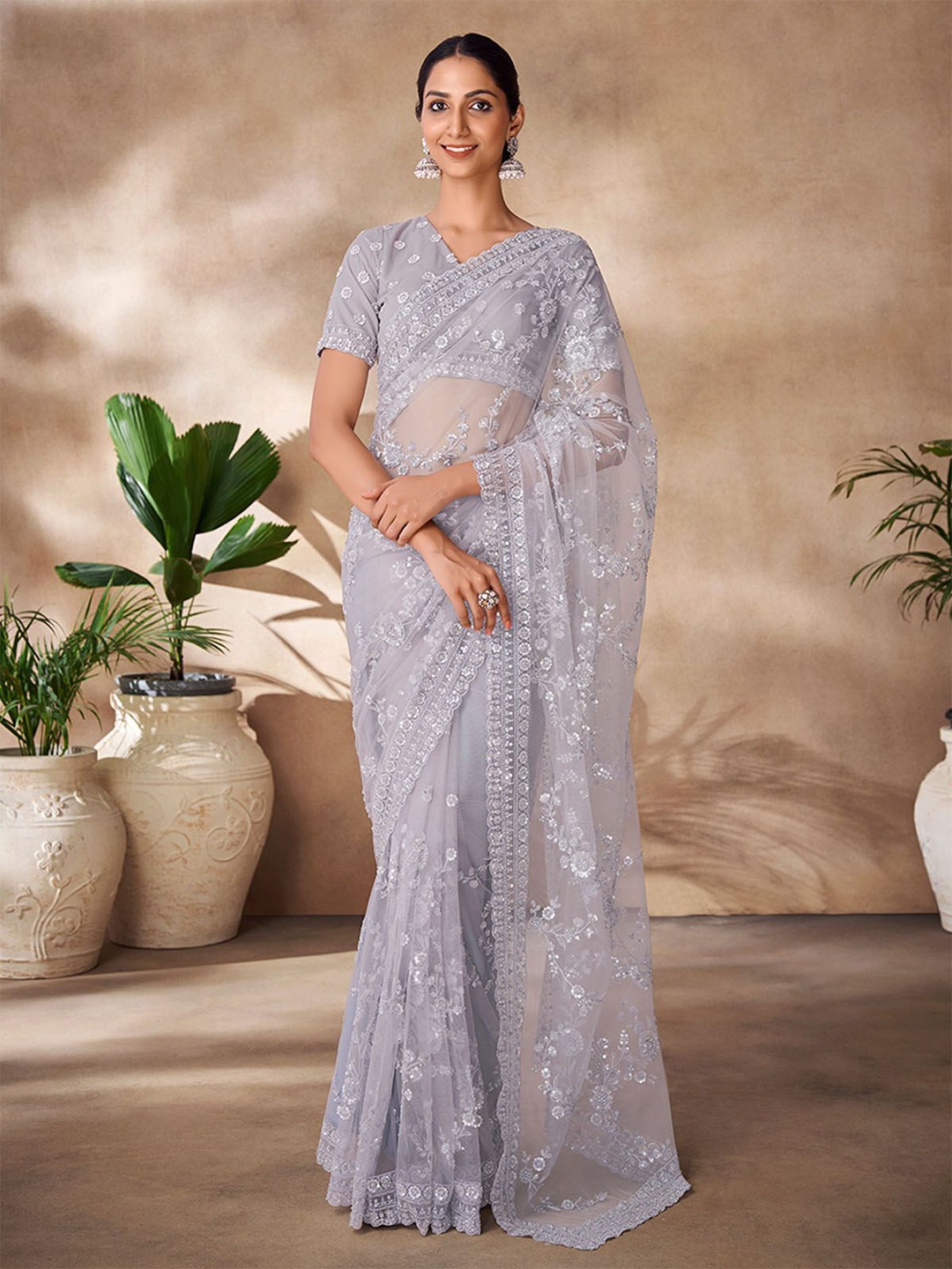 

ODETTE Floral Beads and Stones Embroidered Net Saree, Grey