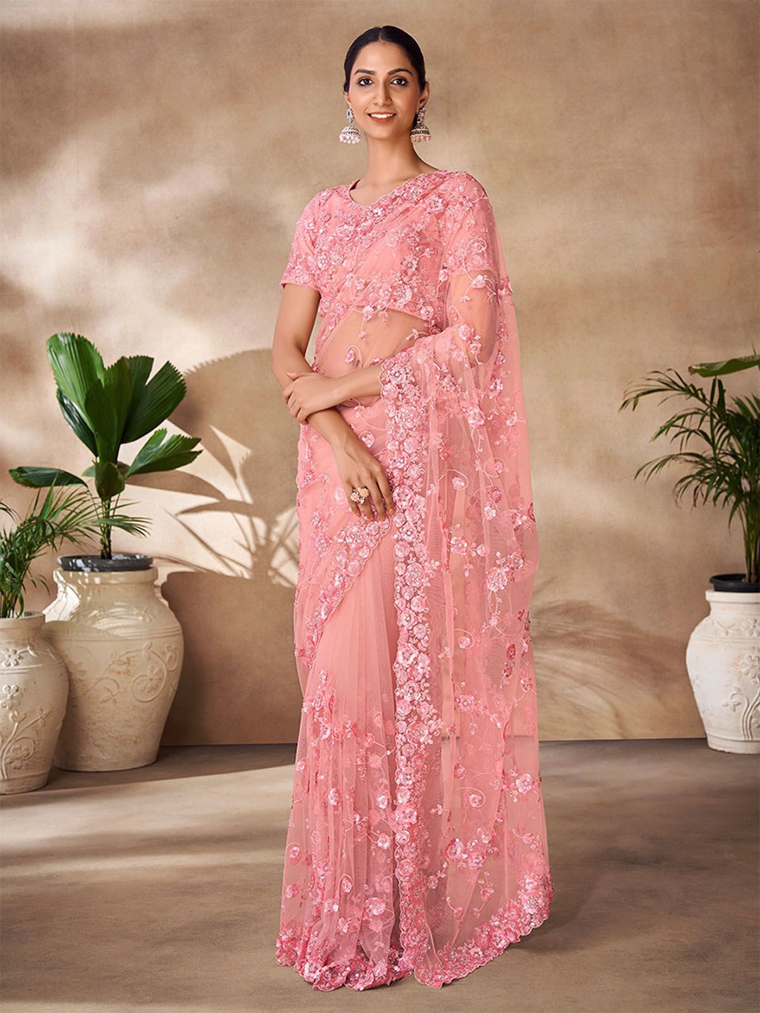 

ODETTE Floral Sequinned Embroidered Saree, Peach