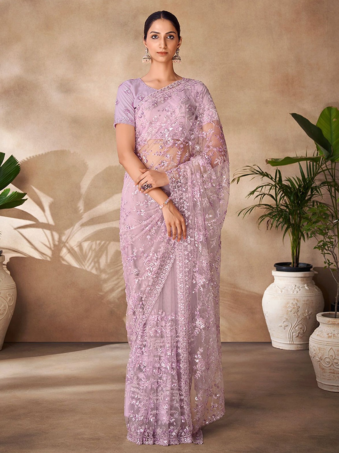 

ODETTE Embellished Embroidered Net Saree, Purple