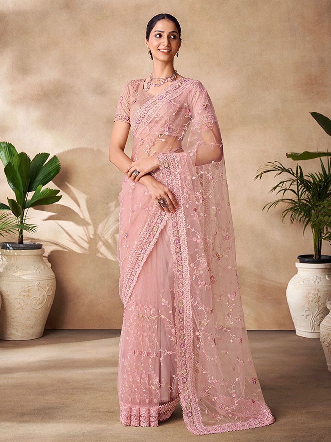 

ODETTE Embellished Sequinned Net Saree, Peach