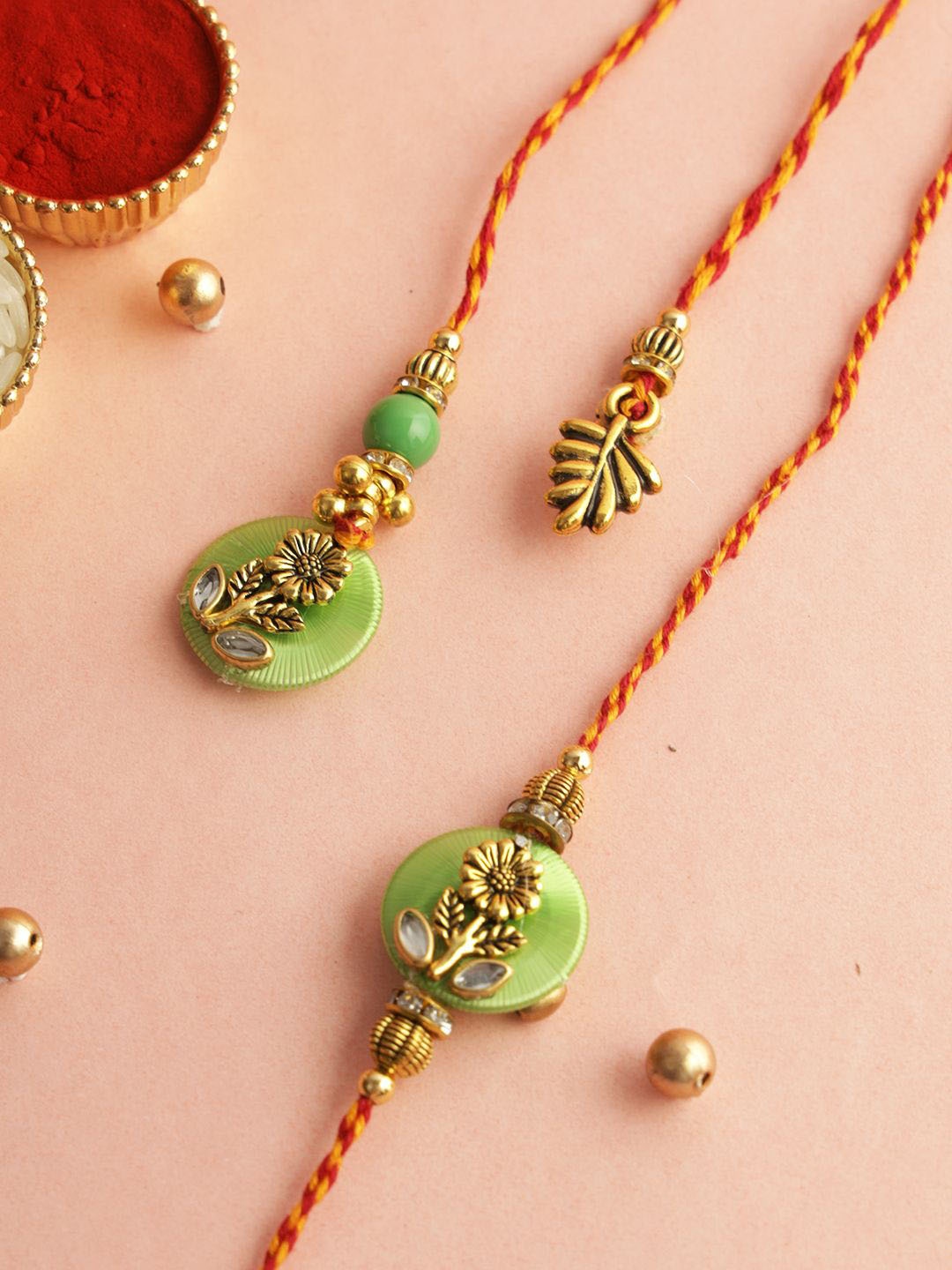 

Aapno Rajasthan Beaded Bhaiya Bhabhi Rakhi Set with Box, Gold