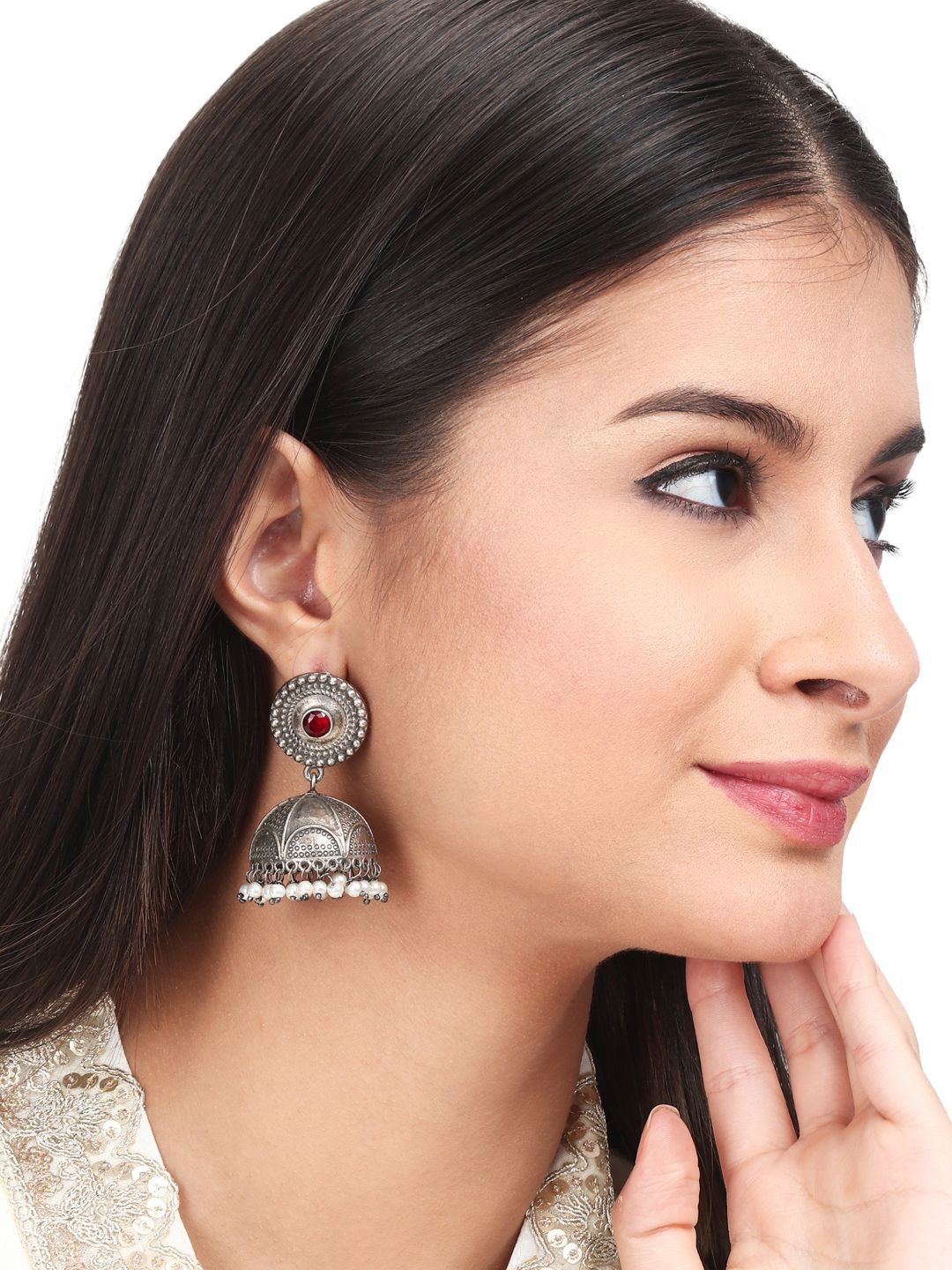 

Anvik Silver-Plated Stone-Studded & Beaded Oxidised Dome Shaped Jhumkas