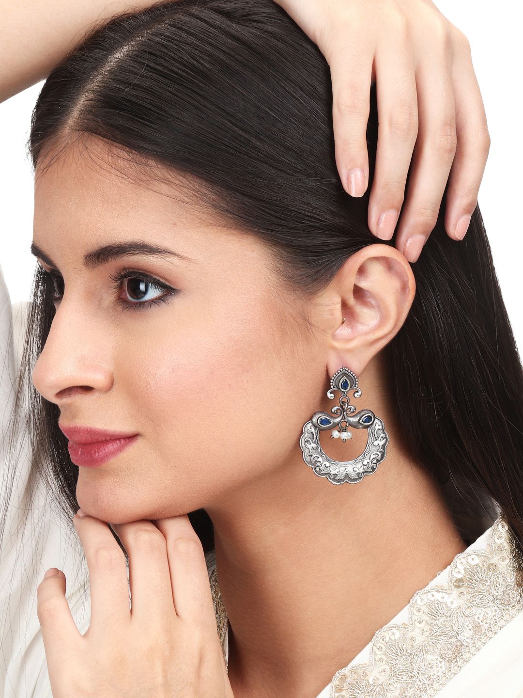 Anvik Silver-Plated Stone-Studded & Beaded Contemporary Drop Earrings