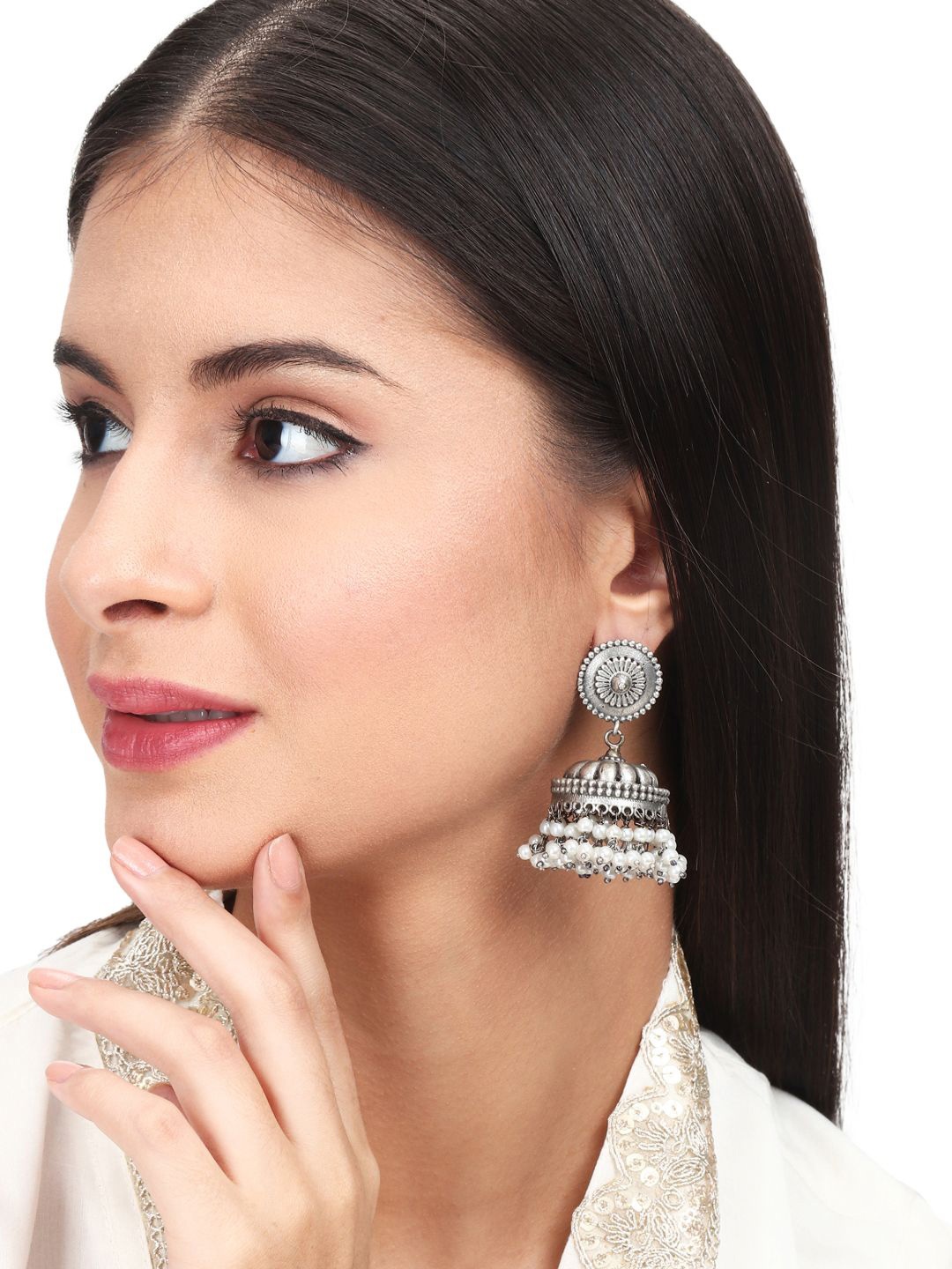 

Anvik Silver-Plated Beaded Oxidised Dome Shaped Jhumkas