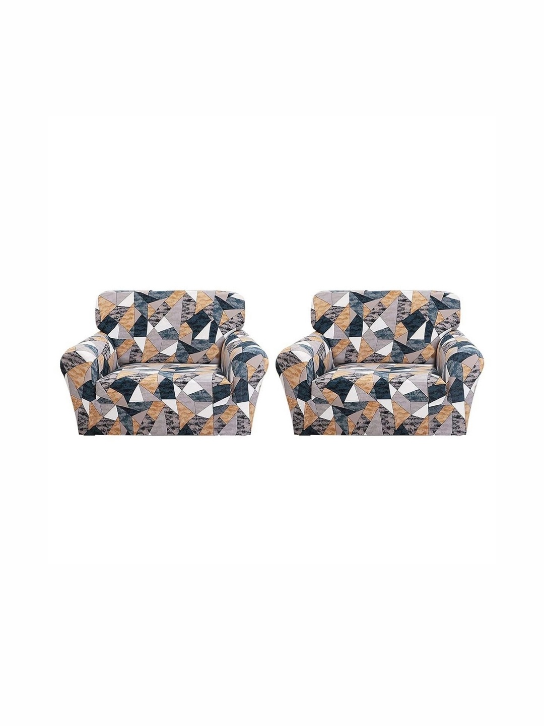

B BESTILO Blue & Brown 2 Pieces Printed Single Seater Sofa Cover With Arms