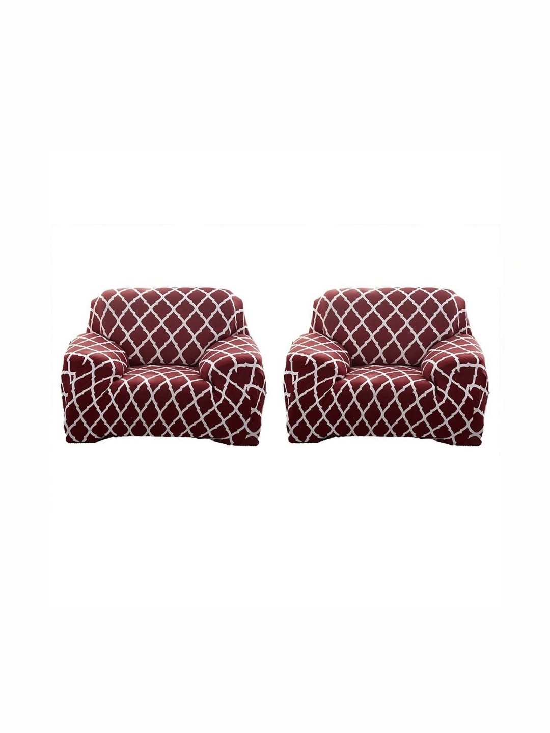 

B BESTILO Burgundy & White 2 Pieces Geometric Printed Stretchable Sofa Cover With Arms
