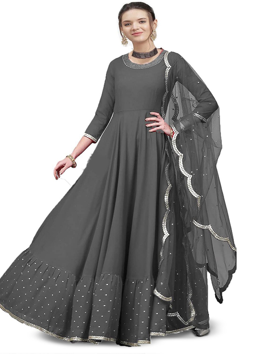 

Fashionuma Round Neck Beads and Stones Semi-Stitched Dress Material, Grey