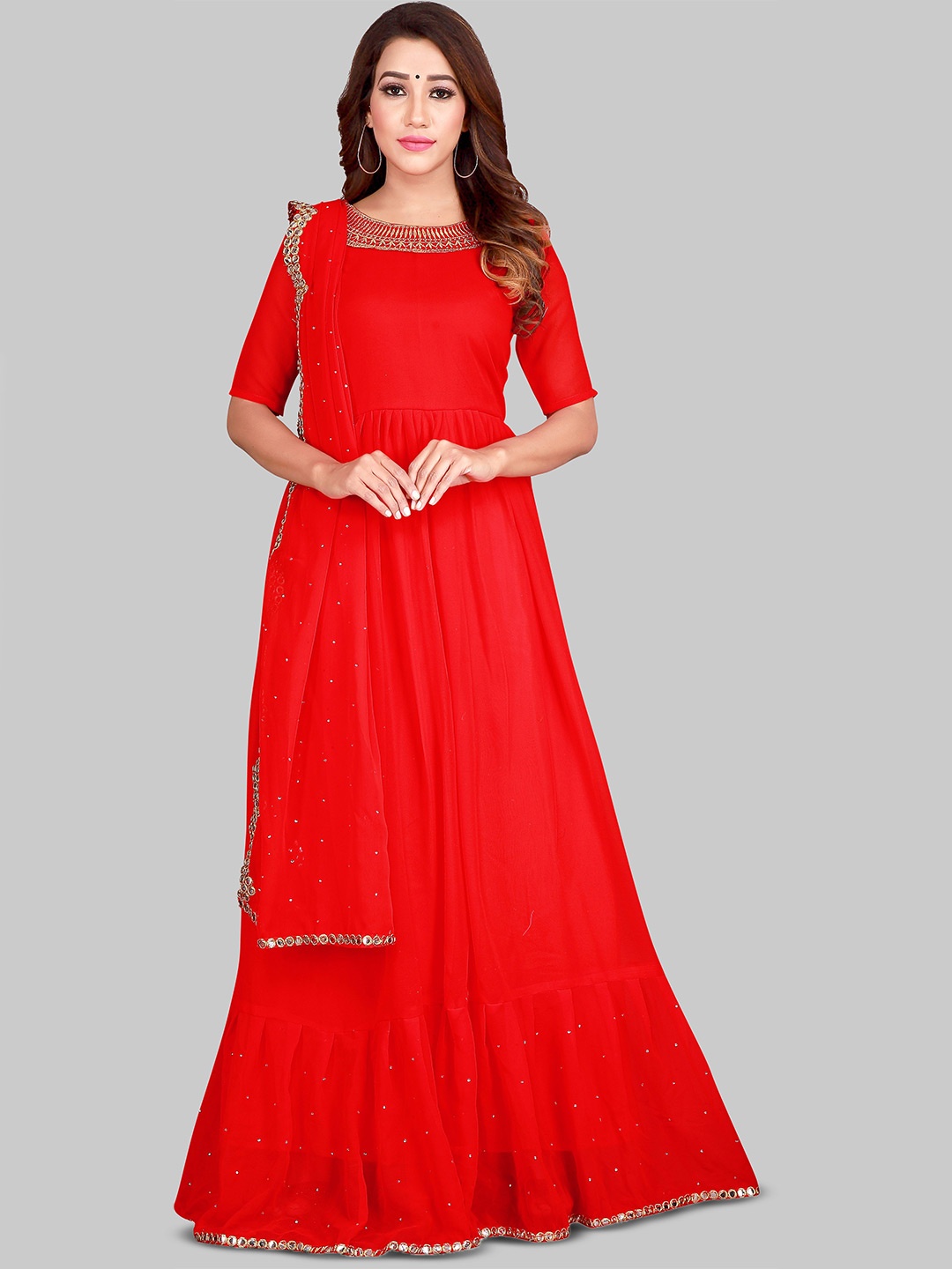 

Fashionuma Embroidered Semi-Stitched Dress Material, Red