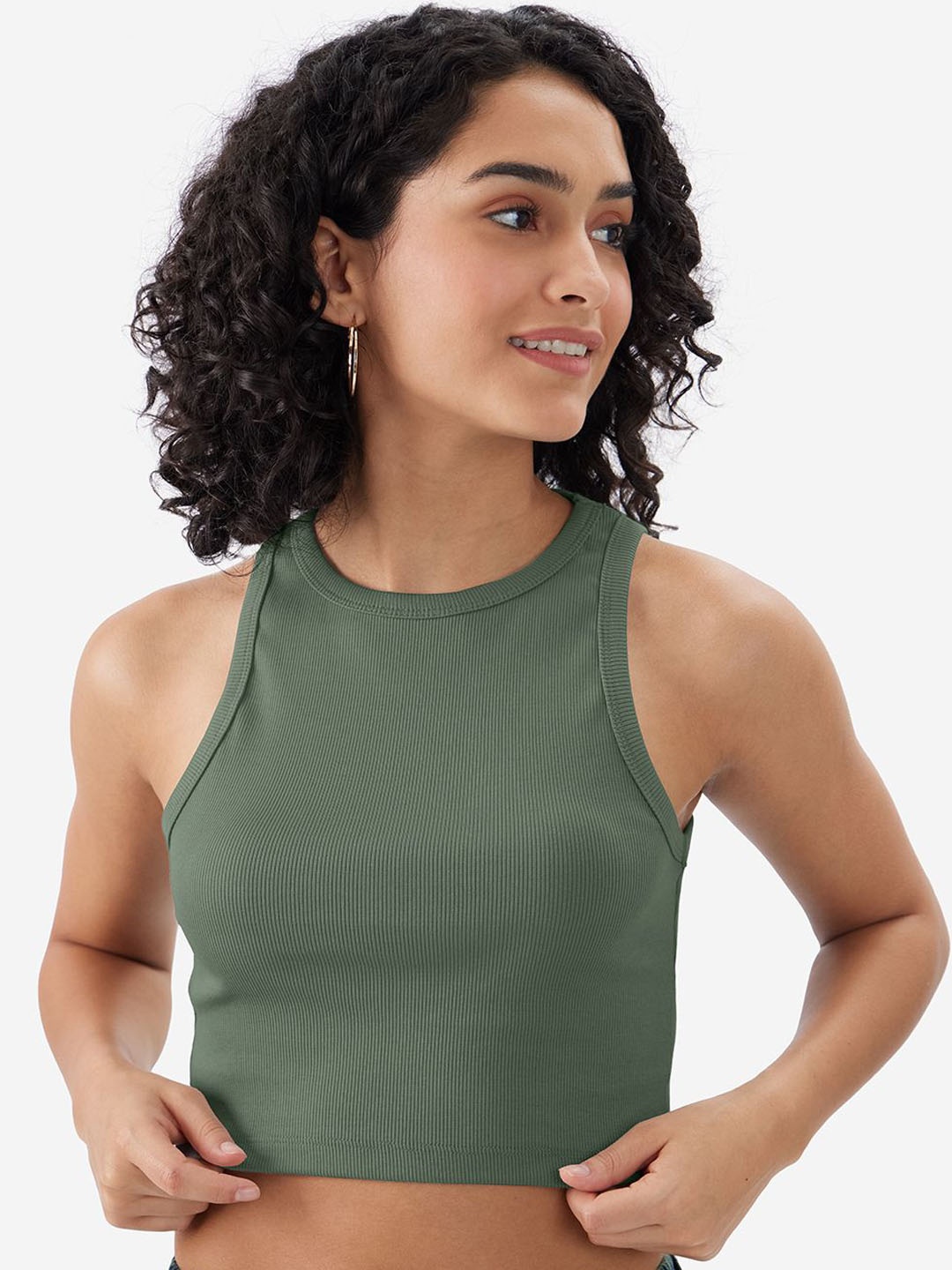

The Souled Store Women Cotton Round Neck Crop Tank Top, Green