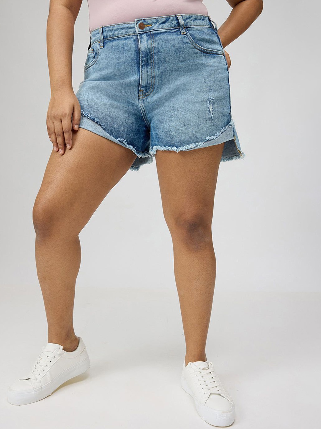 

FREAKINS Plus Size Women Washed High-Rise Denim Shorts, Blue