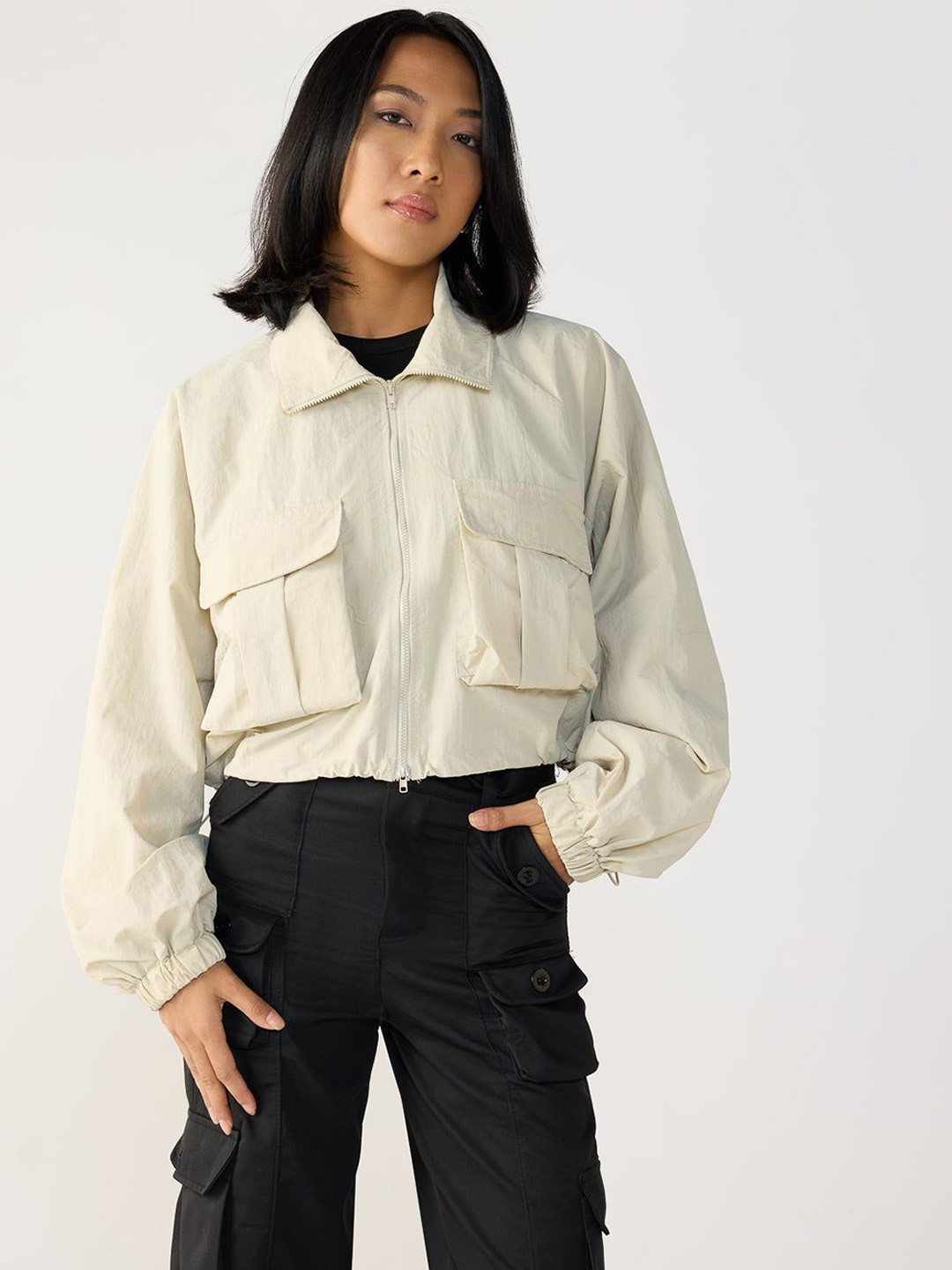 

FREAKINS Women Colourblocked Crop Tailored Jacket, Khaki