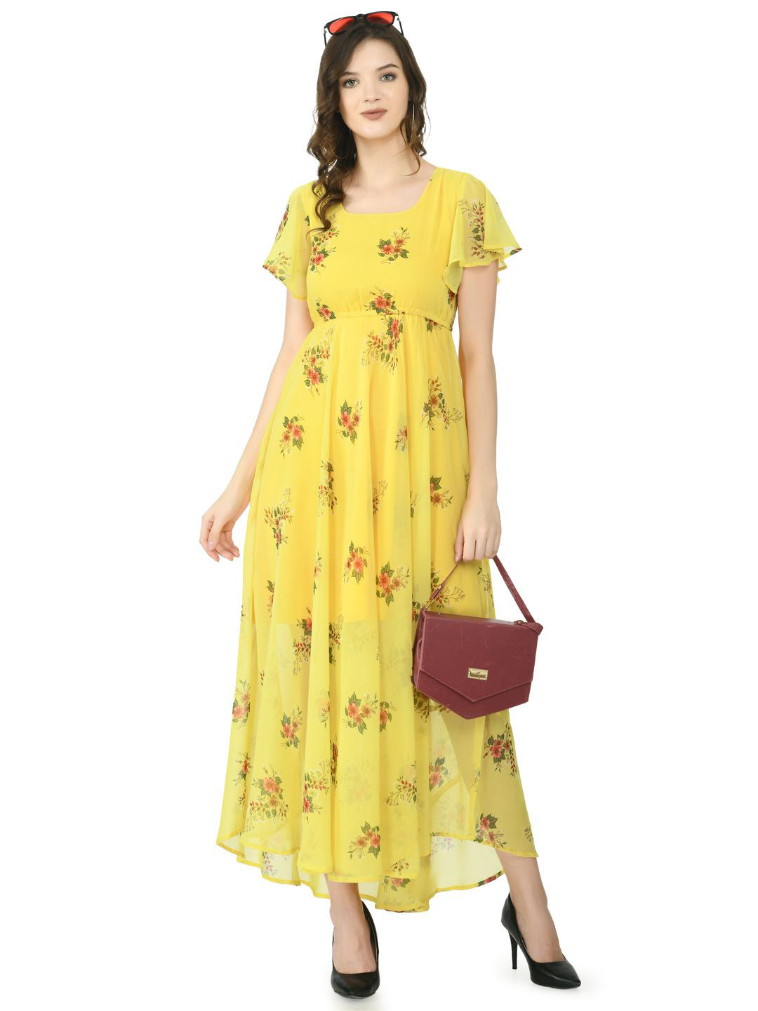

Gladly Women Floral Print Square Neck Flutter Sleeve Maxi Dress, Yellow