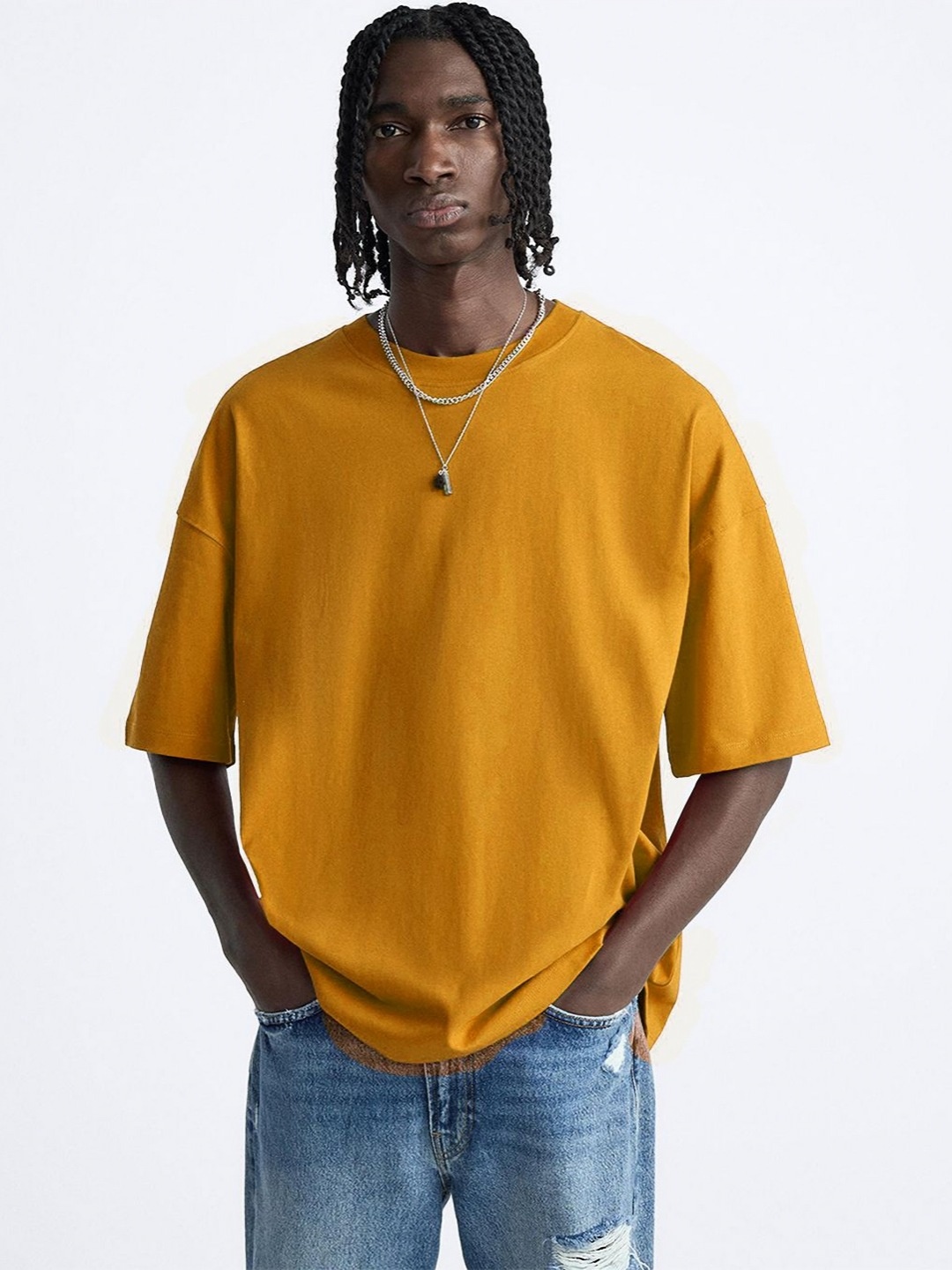 

OFFMINT Men Printed Round Neck Cotton Oversized T-Shirt, Mustard