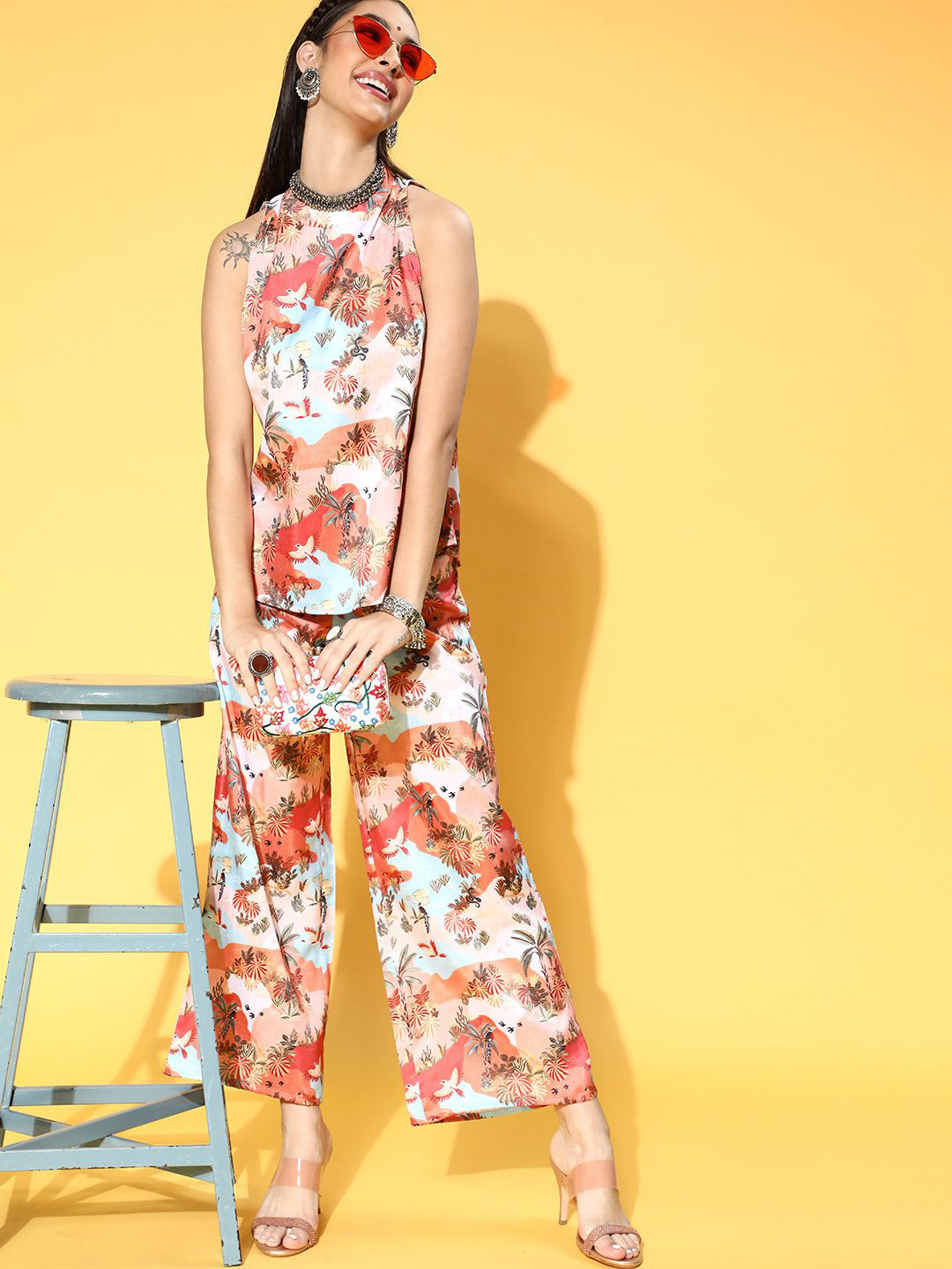 

ZIYAA Peach-Coloured High Neck Printed Top With Palazzo