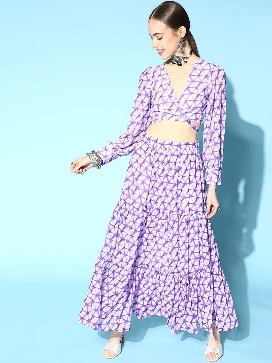 

ZIYAA Lavender Printed V-Neck Top With Skirt
