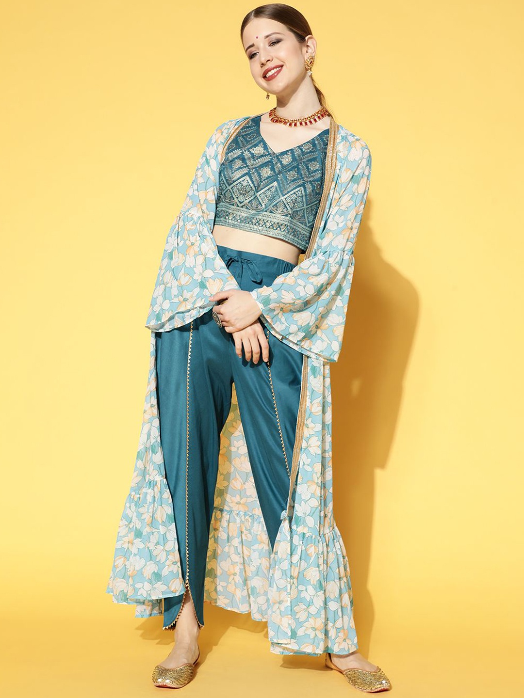 

ZIYAA Printed V-Neck Top With Dhoti Pant & Shrug, Teal