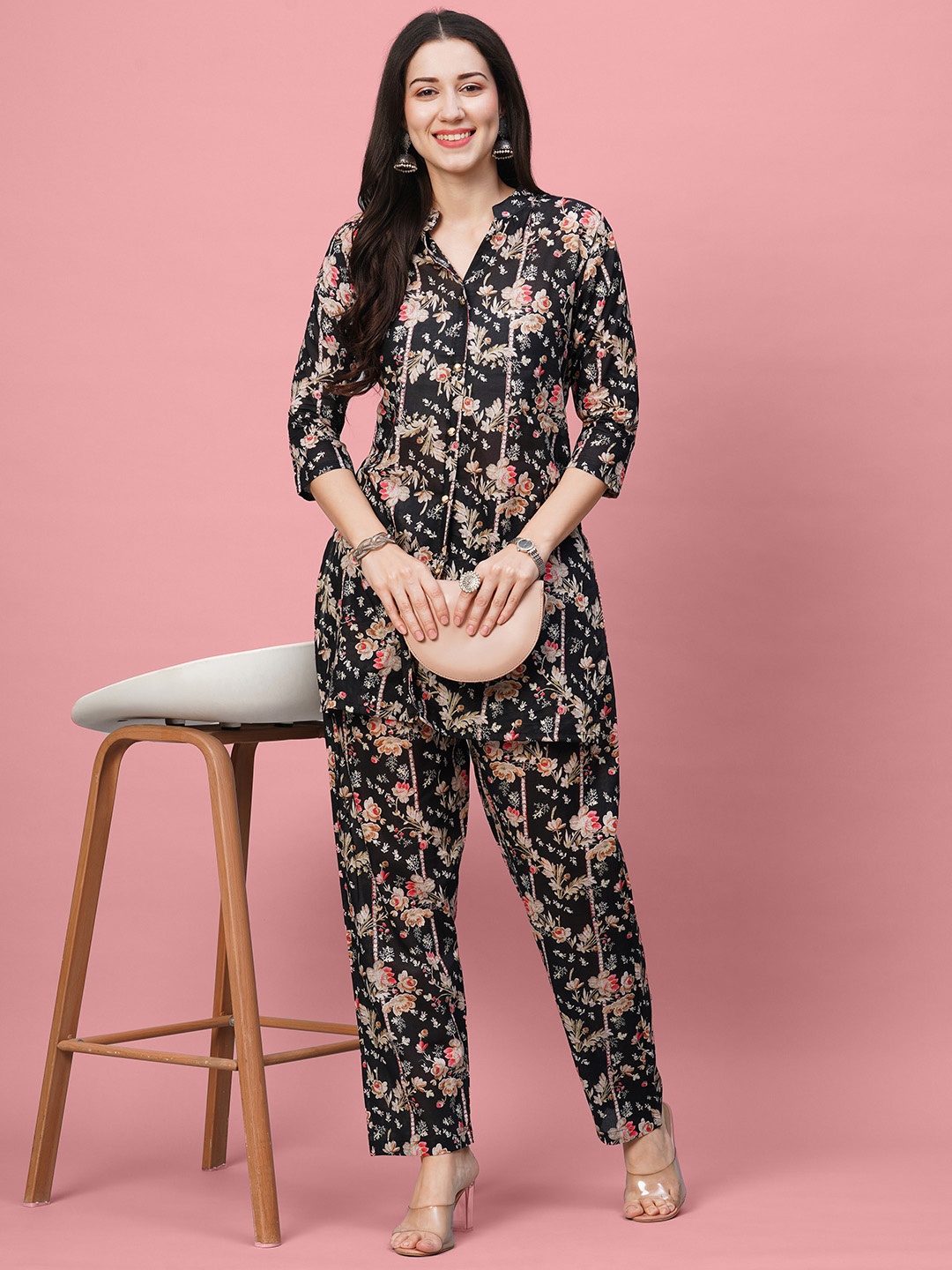 

KALINI Floral Printed Pure Cotton Tunic With Trousers, Black