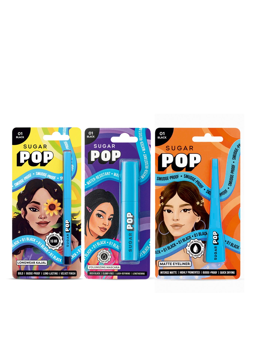 

SUGAR POP Set of Longwear Kajal + Volumizing Mascara + Matte Eyeliner, Black