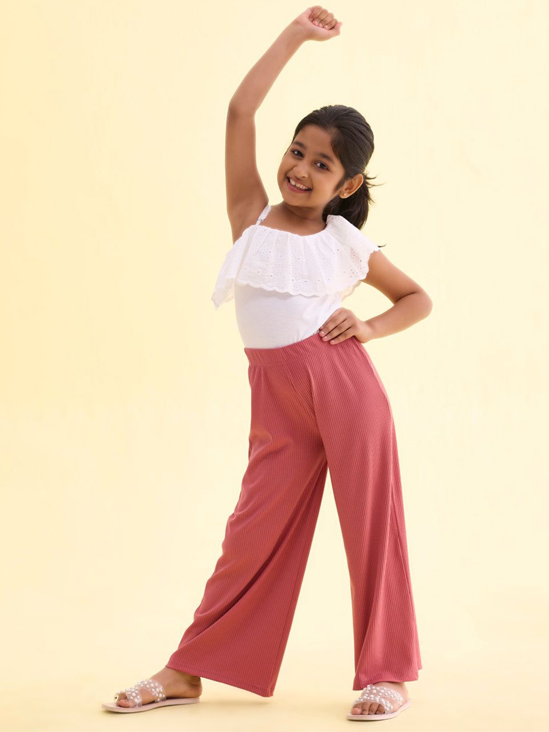 

Go Colors Girls Solid Wide Leg Mid-Rise Knitted Palazzos, Pink