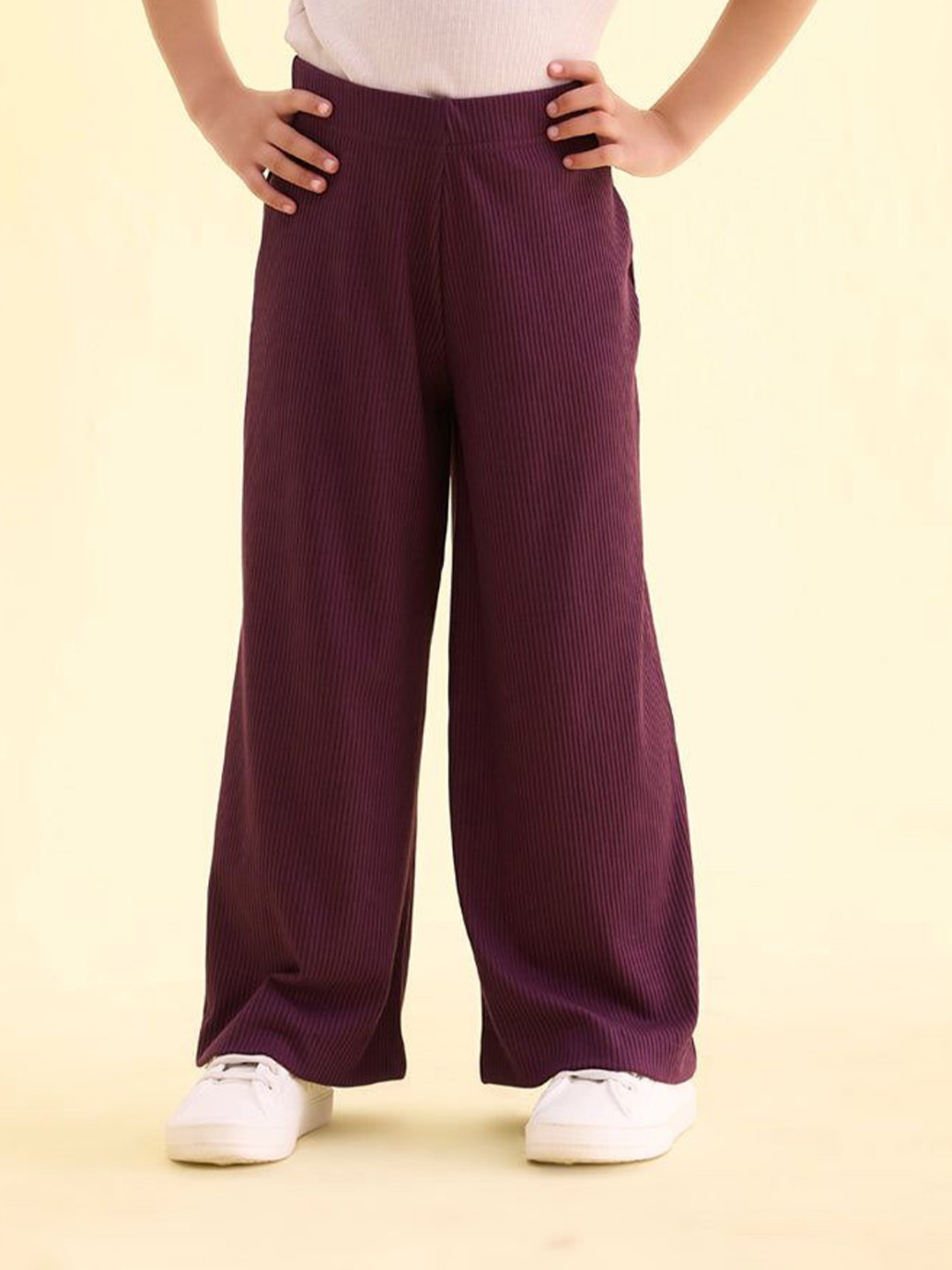 

Go Colors Girls Mid Rise Knitted Rib Palazzos, Purple