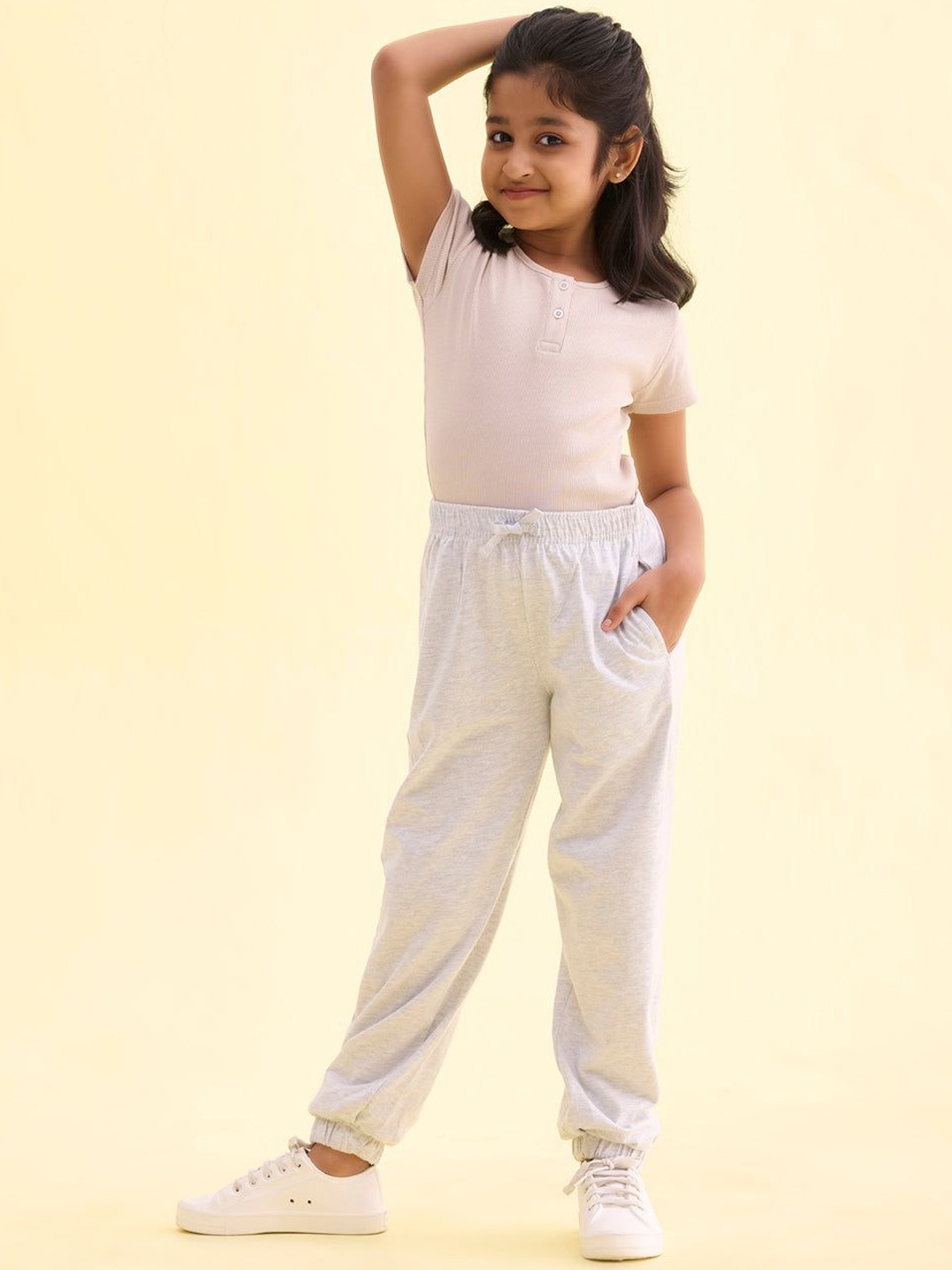 Go Colors Girls Cotton Mid Rise Relaxed Fit Joggers, Off white