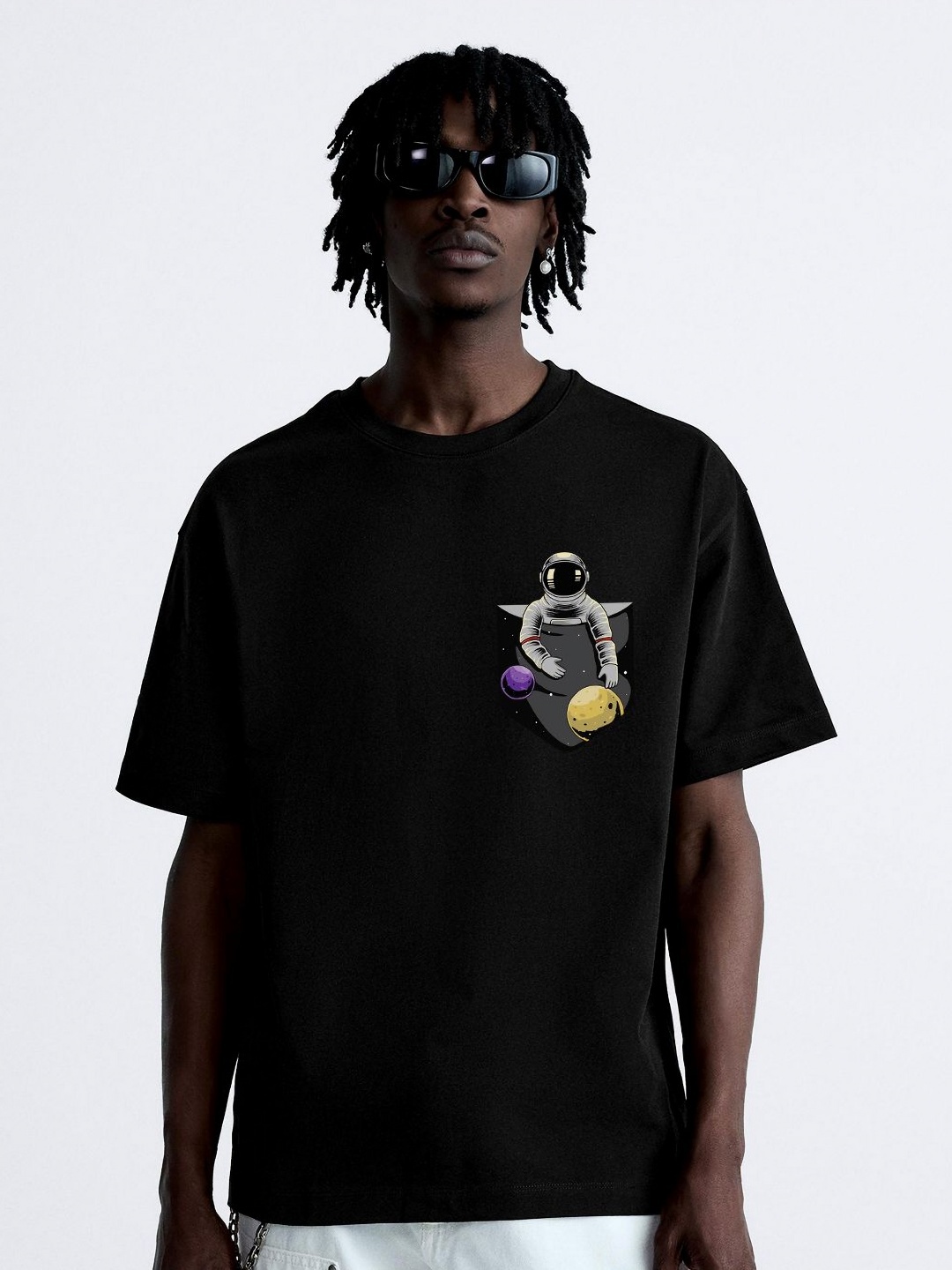 

OFFMINT Men Printed Round Neck Cotton Oversized T-Shirt, Black