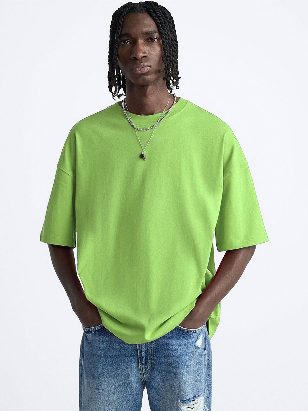 

OFFMINT Men Printed Round Neck Cotton Oversized T-Shirt, Green