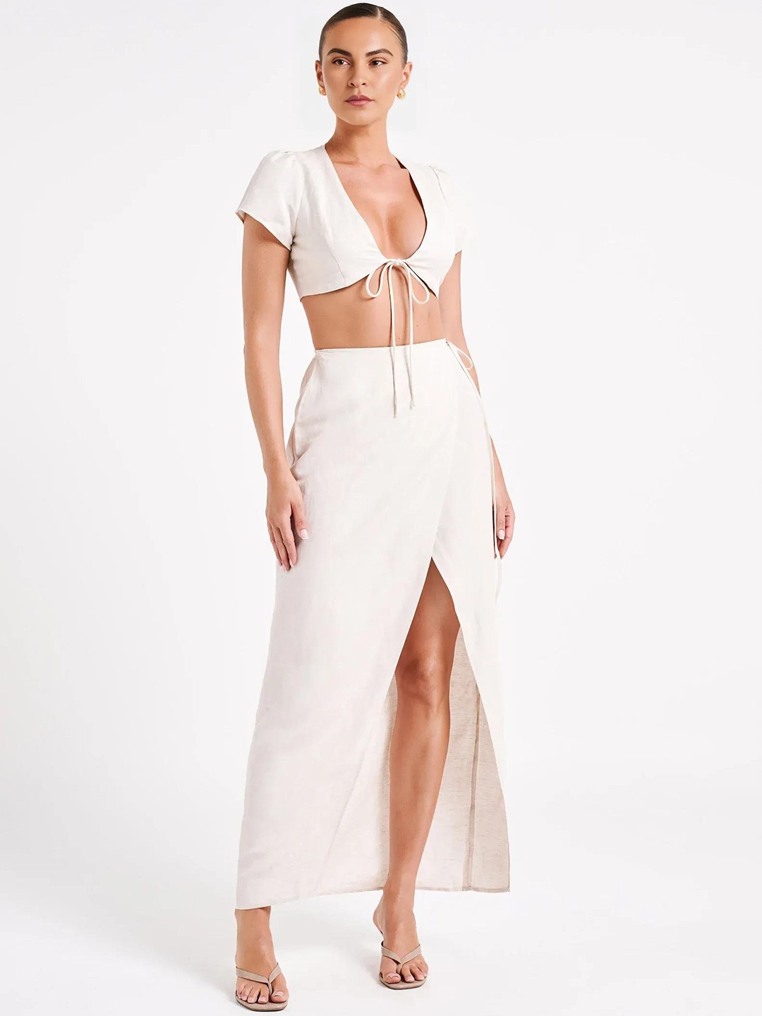 

Bee Boe Island Breeze Linen Tie-Ups Crop Top With Skirt, Off white