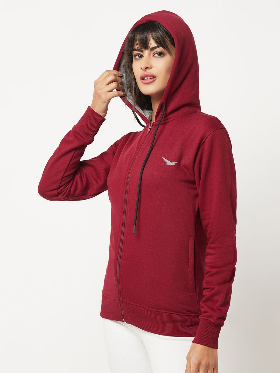 

HiFlyers Women Solid Hooded Front-Open Sweatshirt, Maroon