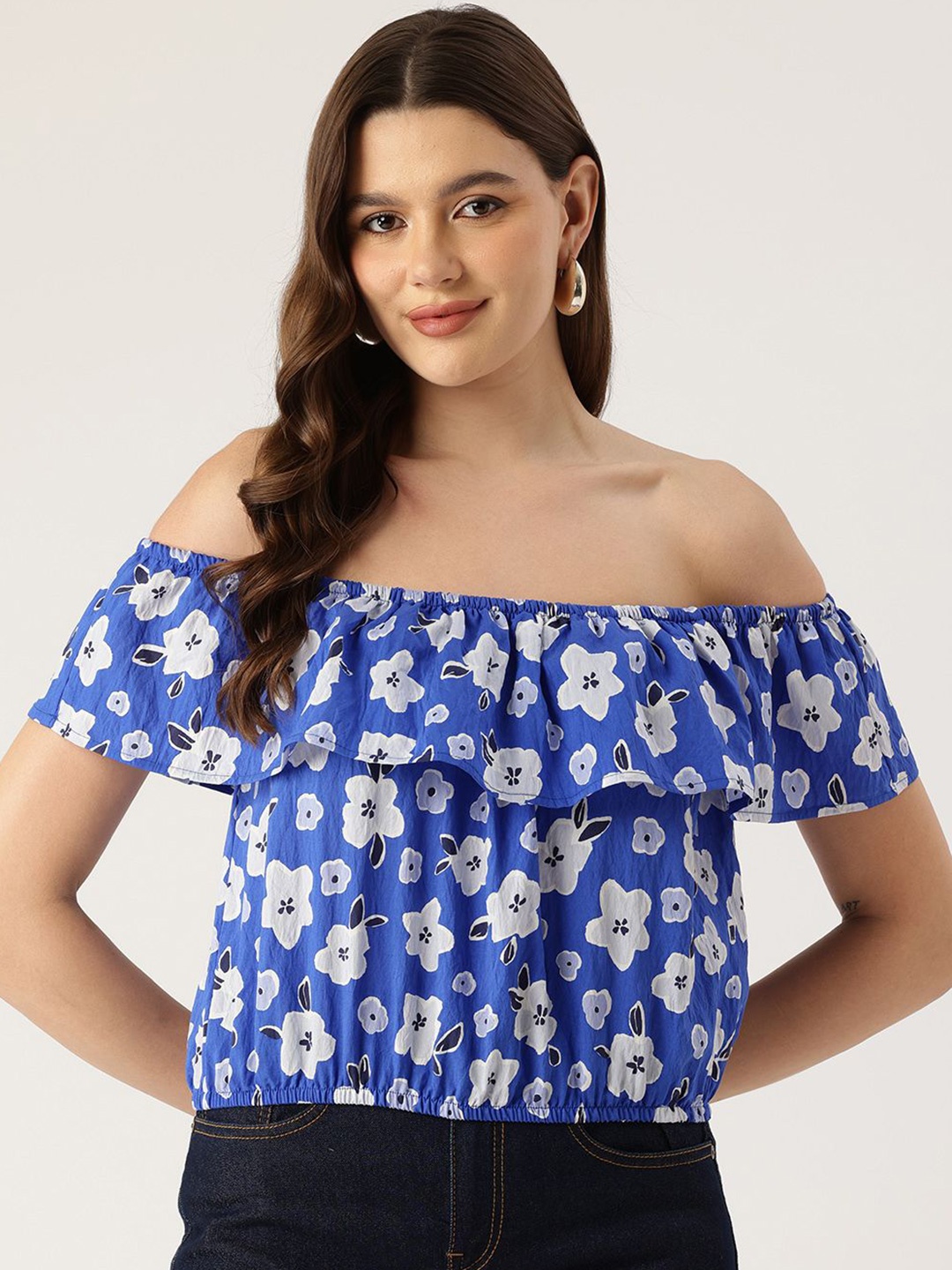 

Rue Collection Floral Print Off-Shoulder Bardot Top, Blue
