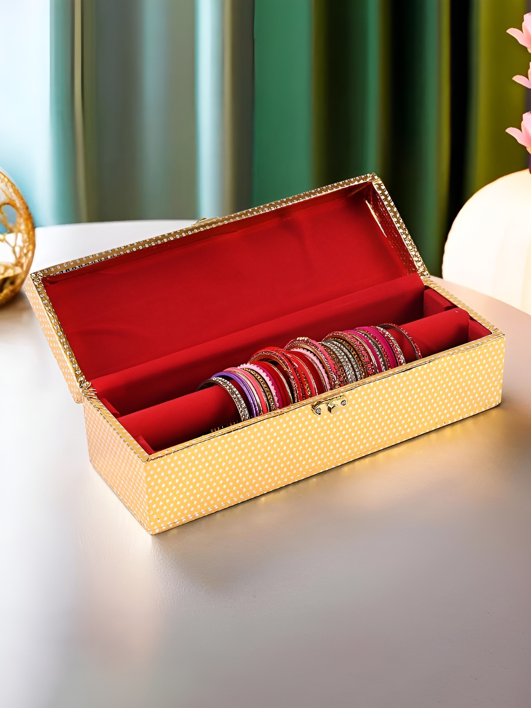 

Kuber Industries Gold-Toned & Red Printed Wooden Velvet Regular Jewellery Organiser