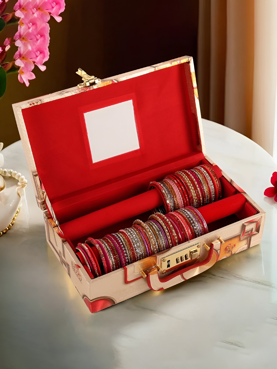 

Kuber Industries Gold Toned & Red Printed Wooden Jewellery Organisers