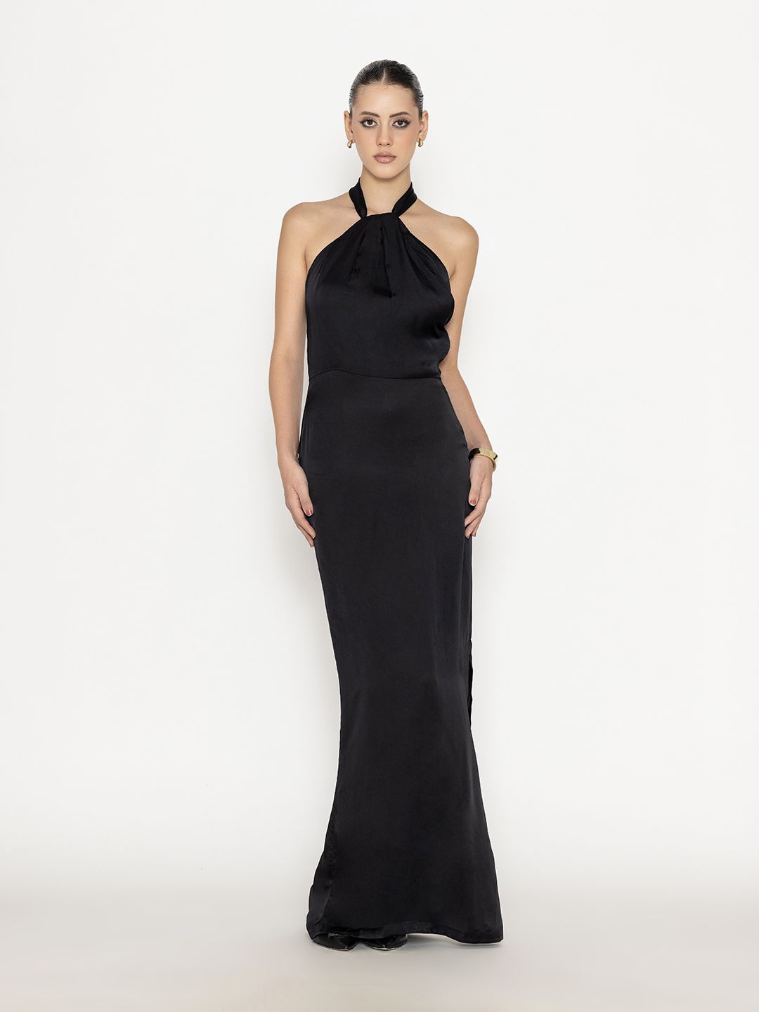 

Contemponari Halter Neck Satin Maxi Dress, Black