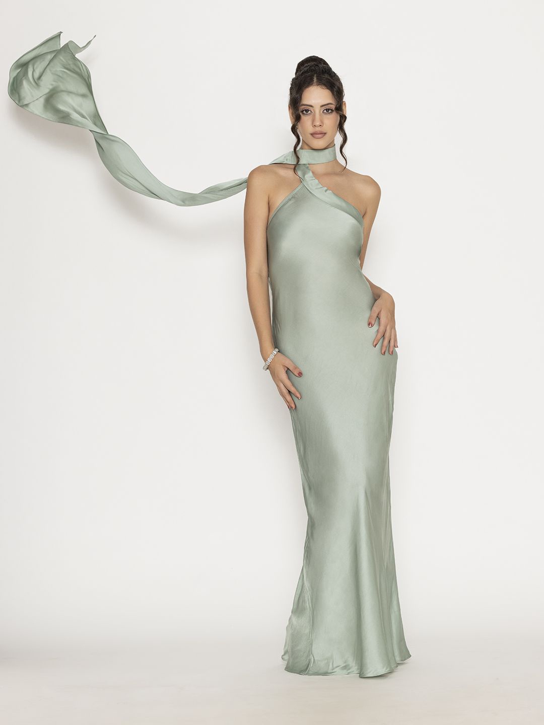 

Contemponari Women Satin Maxi Dress With Stylish Scarf Extension, Green