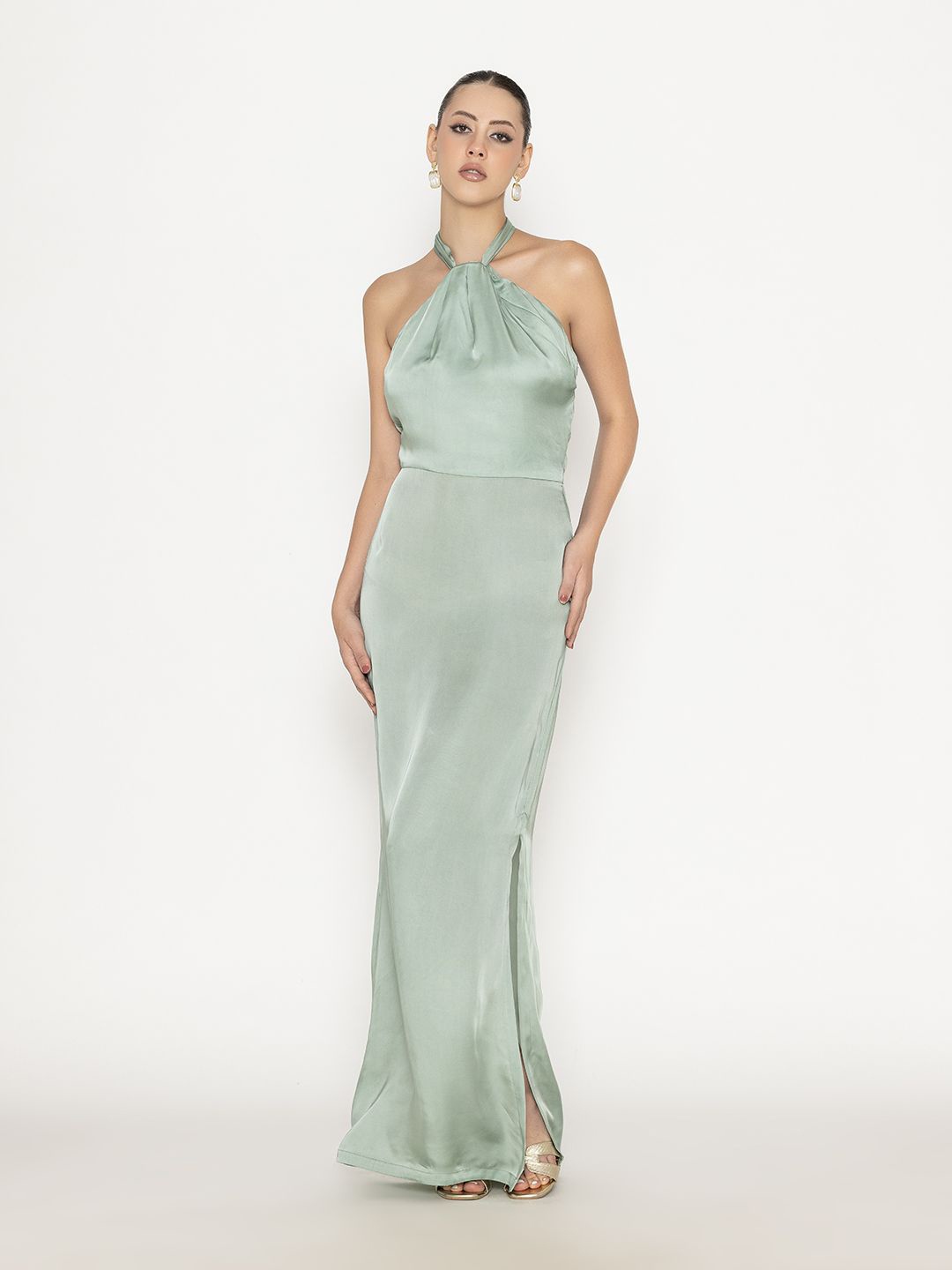 

Contemponari Halter Neck Satin Maxi Dress, Green