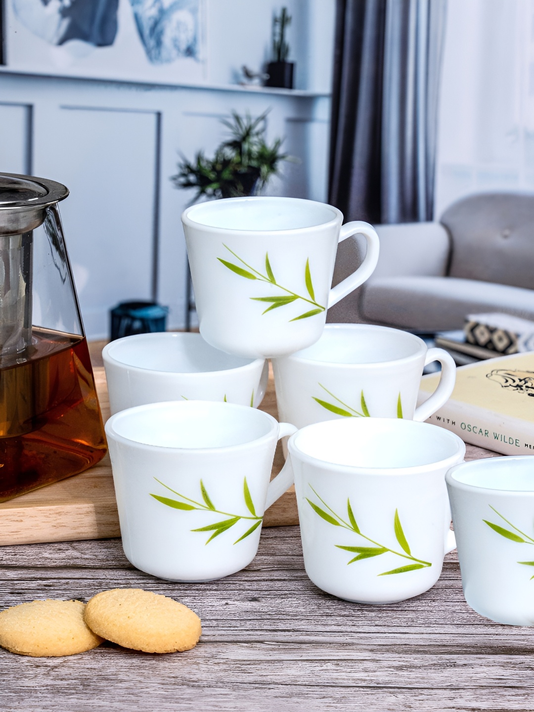 

Cello 6 Pieces White & Green Floral Printed Opalware Glossy Cups 130 ml Each