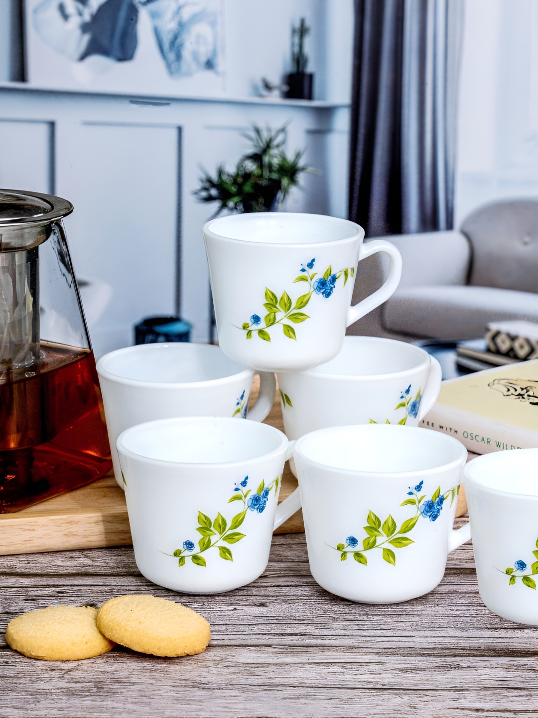 

Cello 6 Pieces White & Green Floral Printed Opalware Glossy Cups 130 ml Each