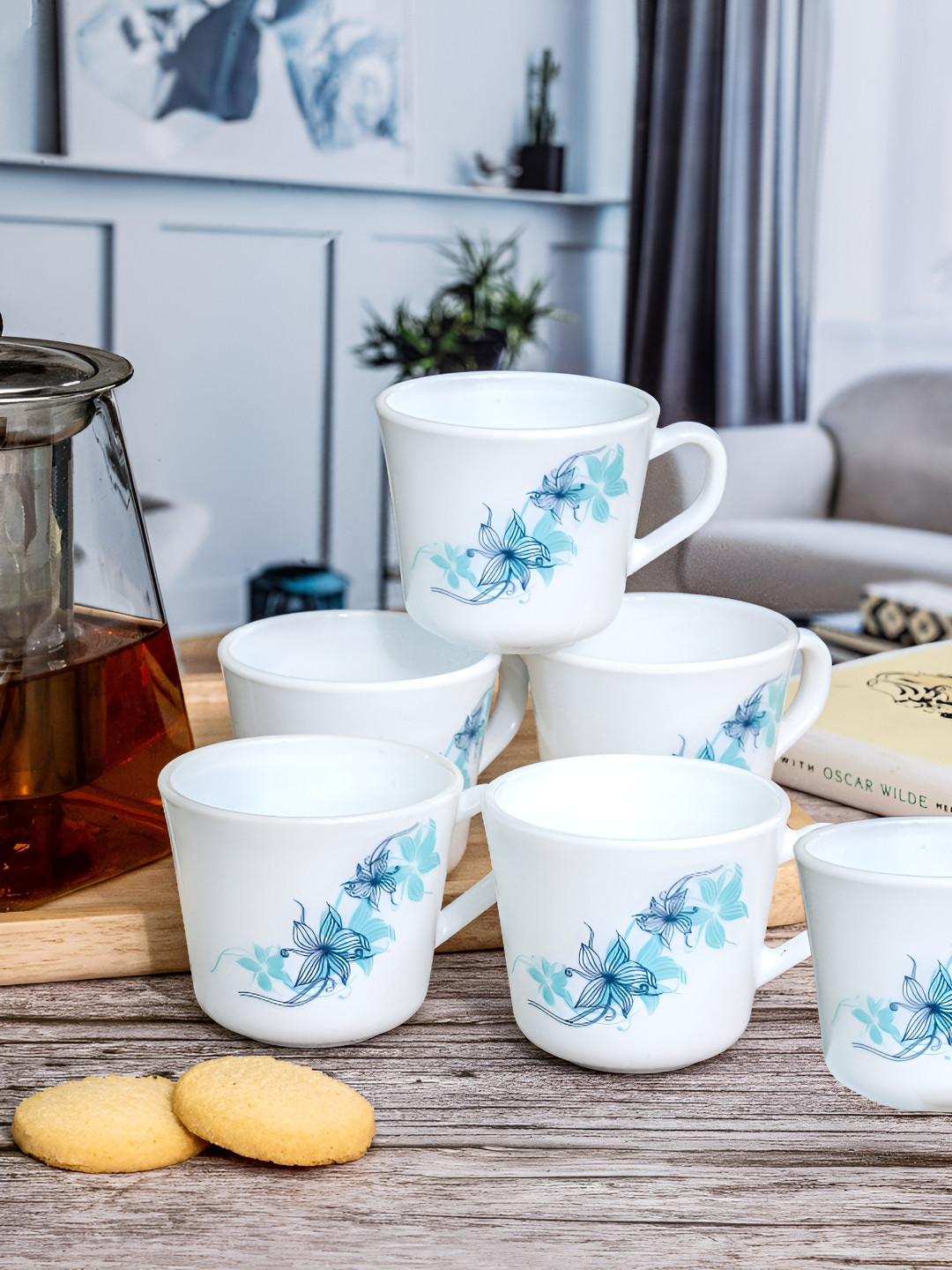 

Cello 12 Pieces White & Blue Floral Printed Opalware Glossy Cups 130 ml Each