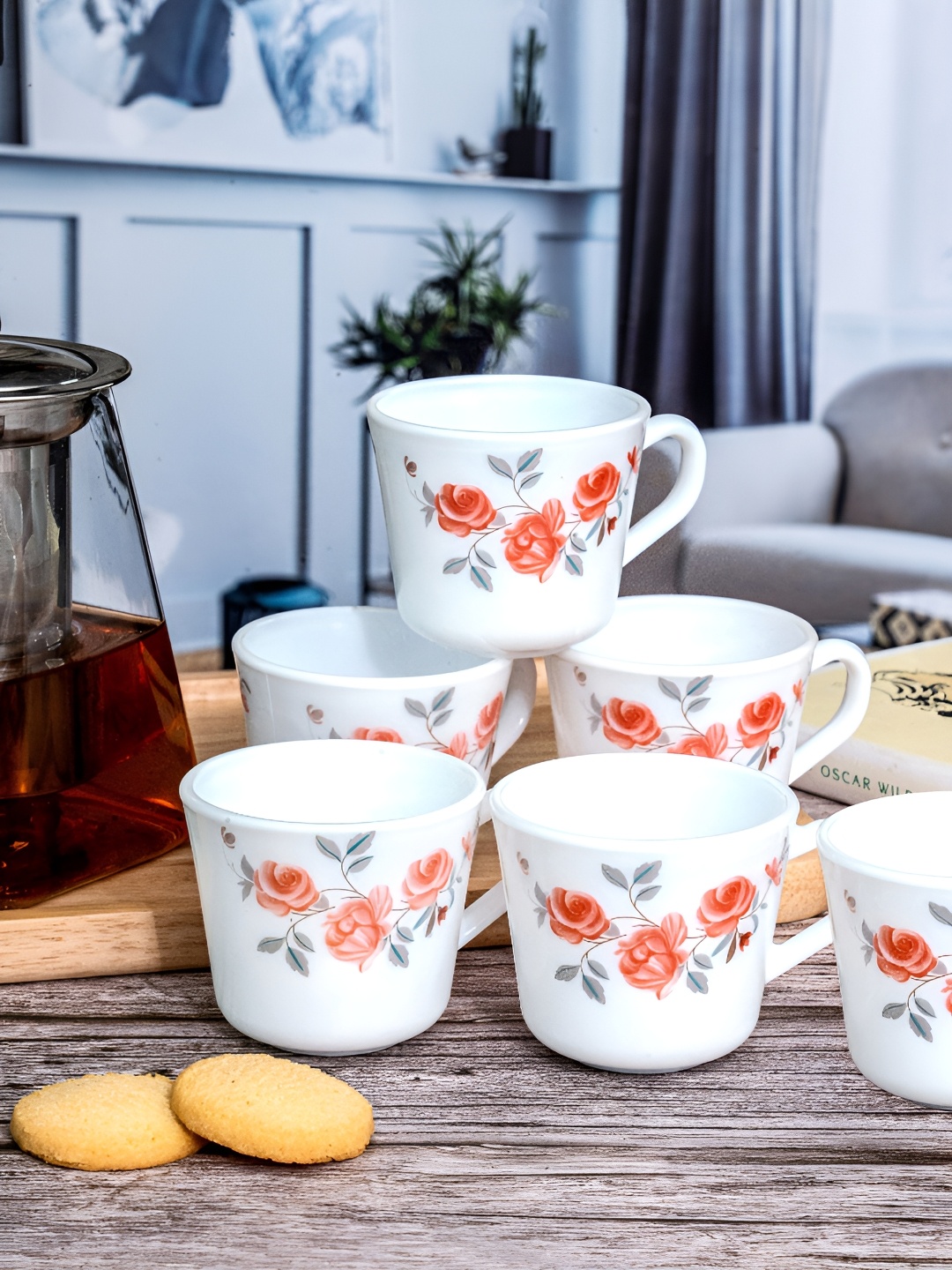 

Cello 6 Pieces White & Red Floral Printed Opalware Glossy Cups 130 ml Each