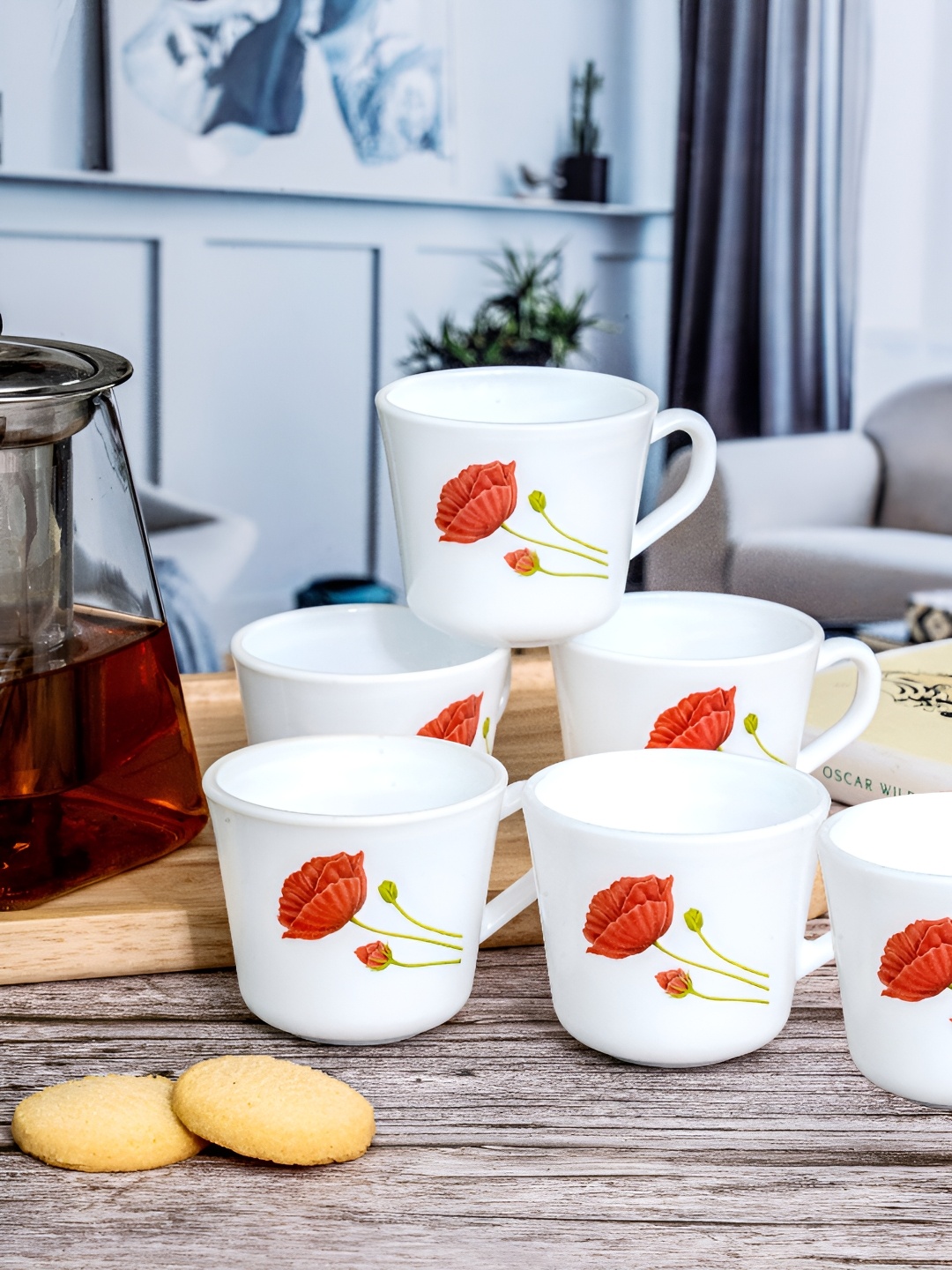 

Cello 12 Pieces White & Red Floral Printed Opalware Glossy Cups 130 ml Each