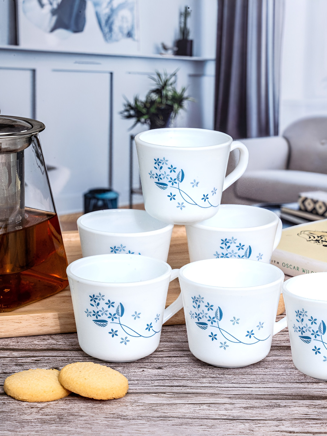 

Cello 6 Pieces White & Blue Floral Printed Opalware Glossy Cups 130 ml Each