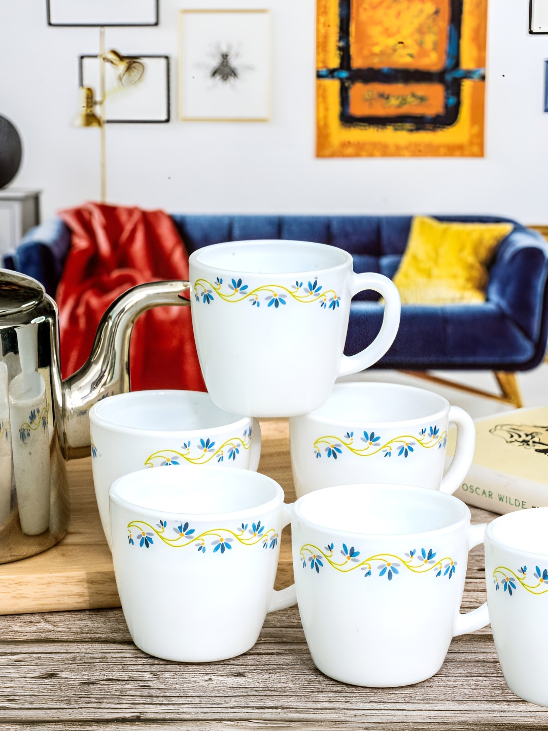 

Cello 6 Pieces White & Blue Floral Printed Opalware Cups 100ml Each