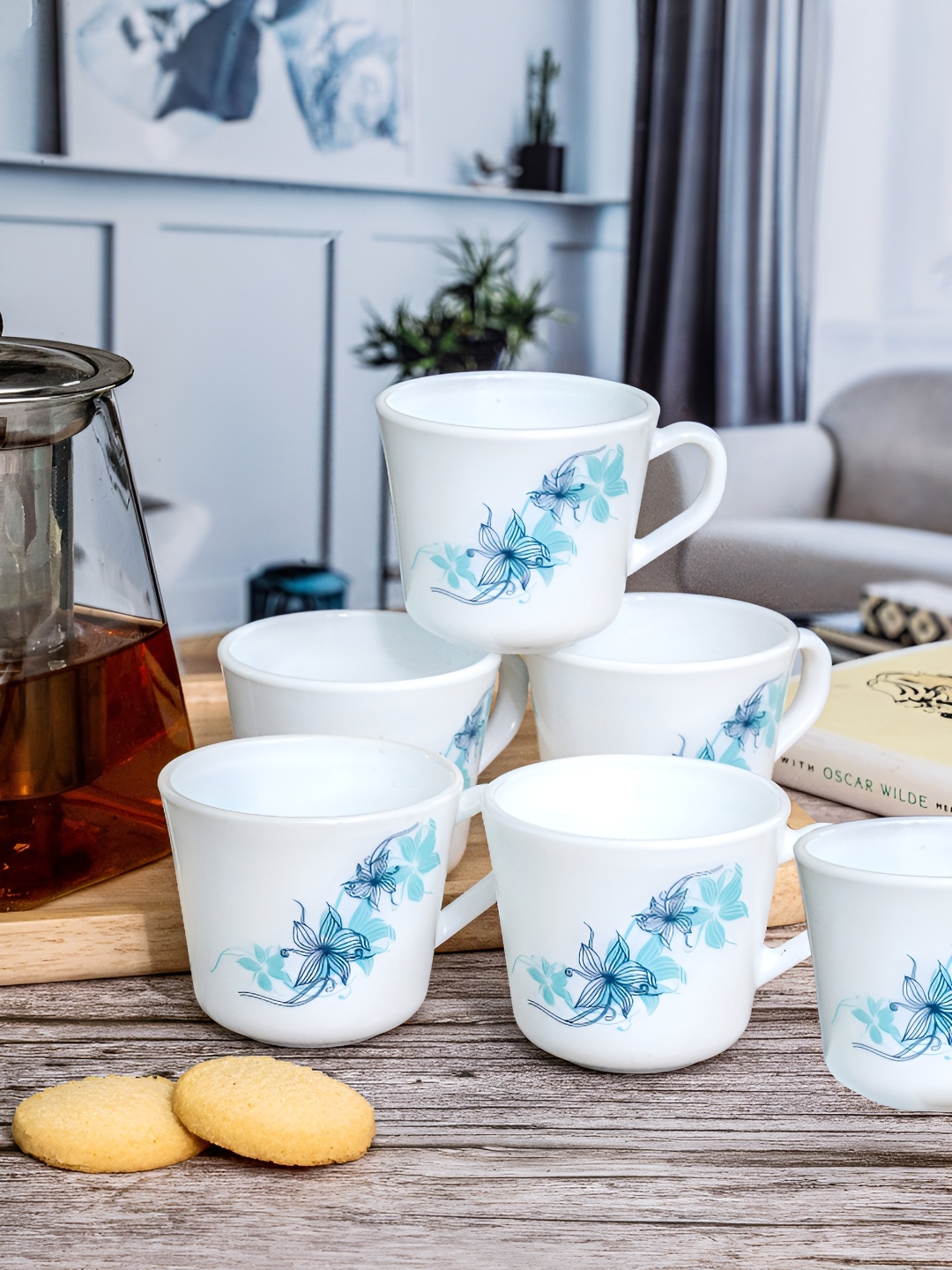 

Cello 6 Pieces White & Blue Floral Printed Opalware Glossy Cups 130 ml Each