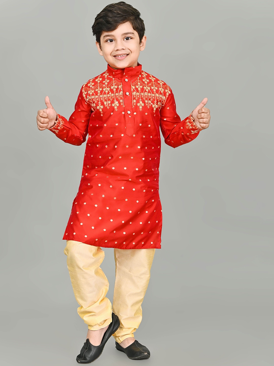 

BAESD Boys Floral Embroidered Thread Work Mandarin Collar Dupion Silk Kurta With Churidar, Red