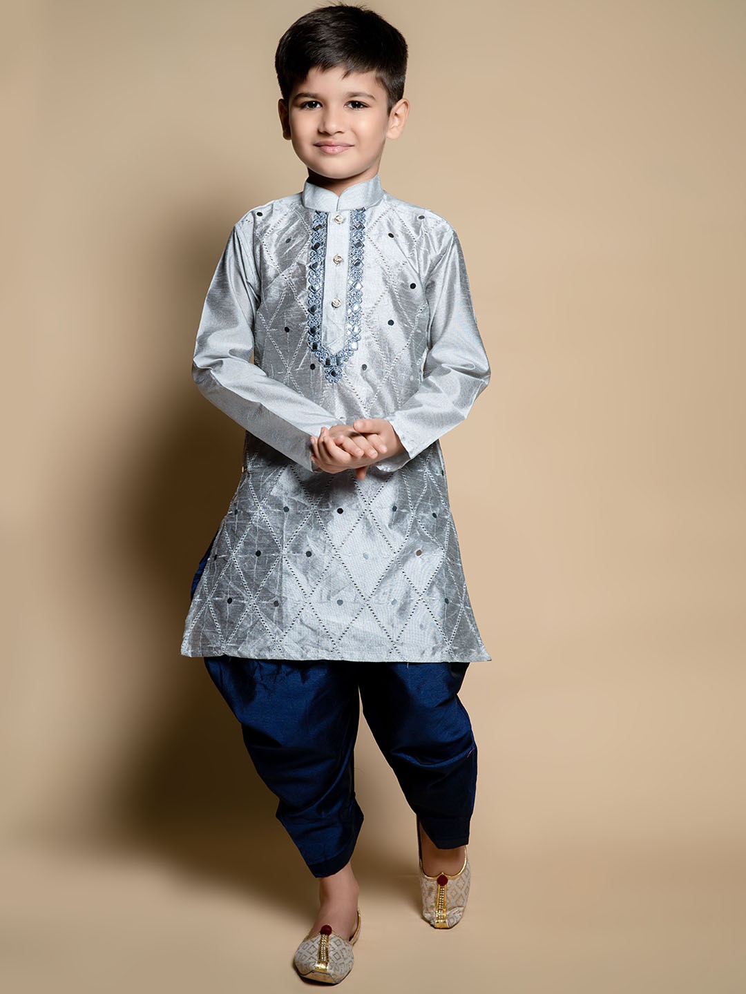 

BAESD Boys Floral Embroidered Regular Mirror Work Dupion Silk Kurta with Pyjamas, Grey