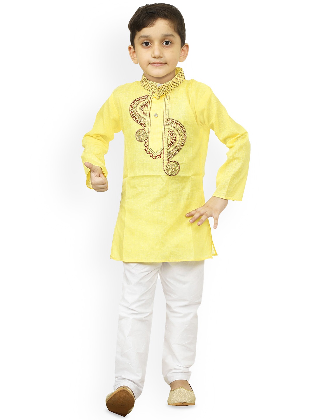 

BAESD Boys Floral Embroidered Thread Work Straight Kurta with Pyjamas, Yellow