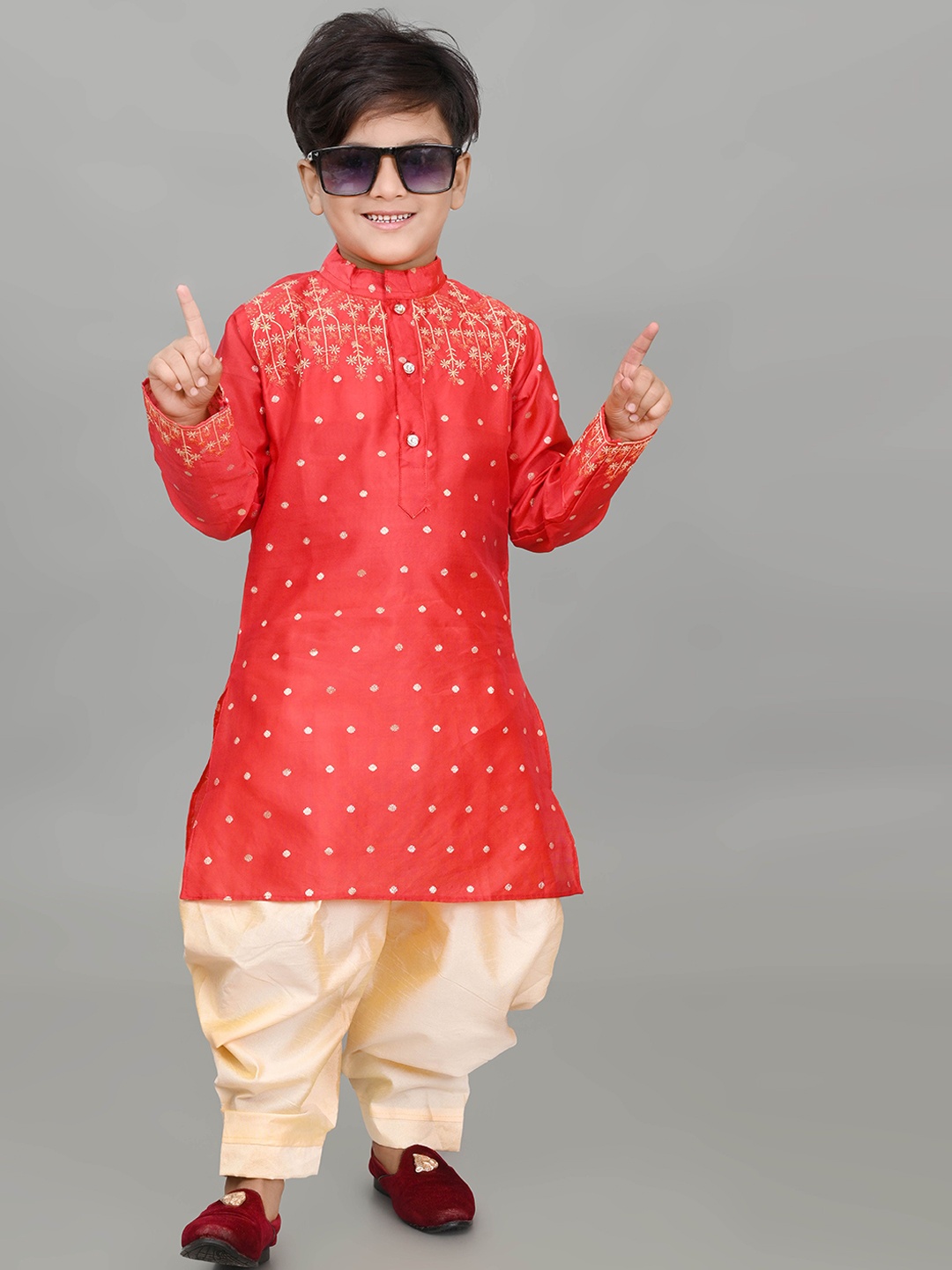 

BAESD Boys Ethnic Motifs Embroidered Straight Thread Work Dupion Silk Kurta with Patiala, Red