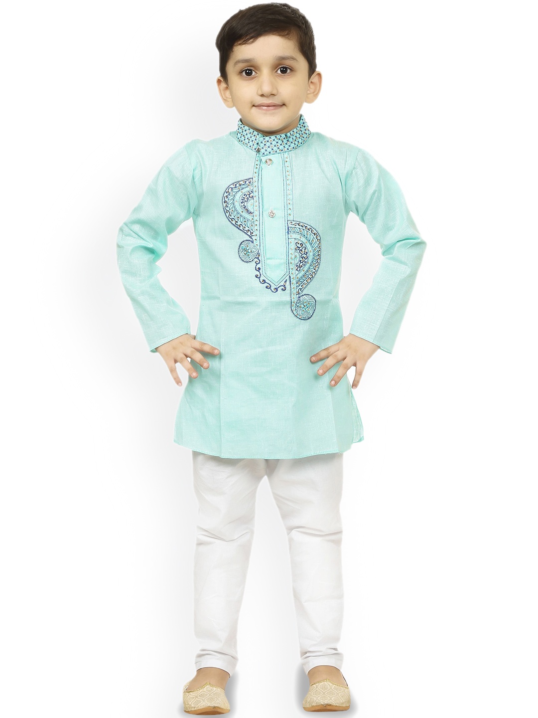 

BAESD Boys Ethnic Motifs Embroidered Straight Thread Work Kurta with Pyjamas, Sea green